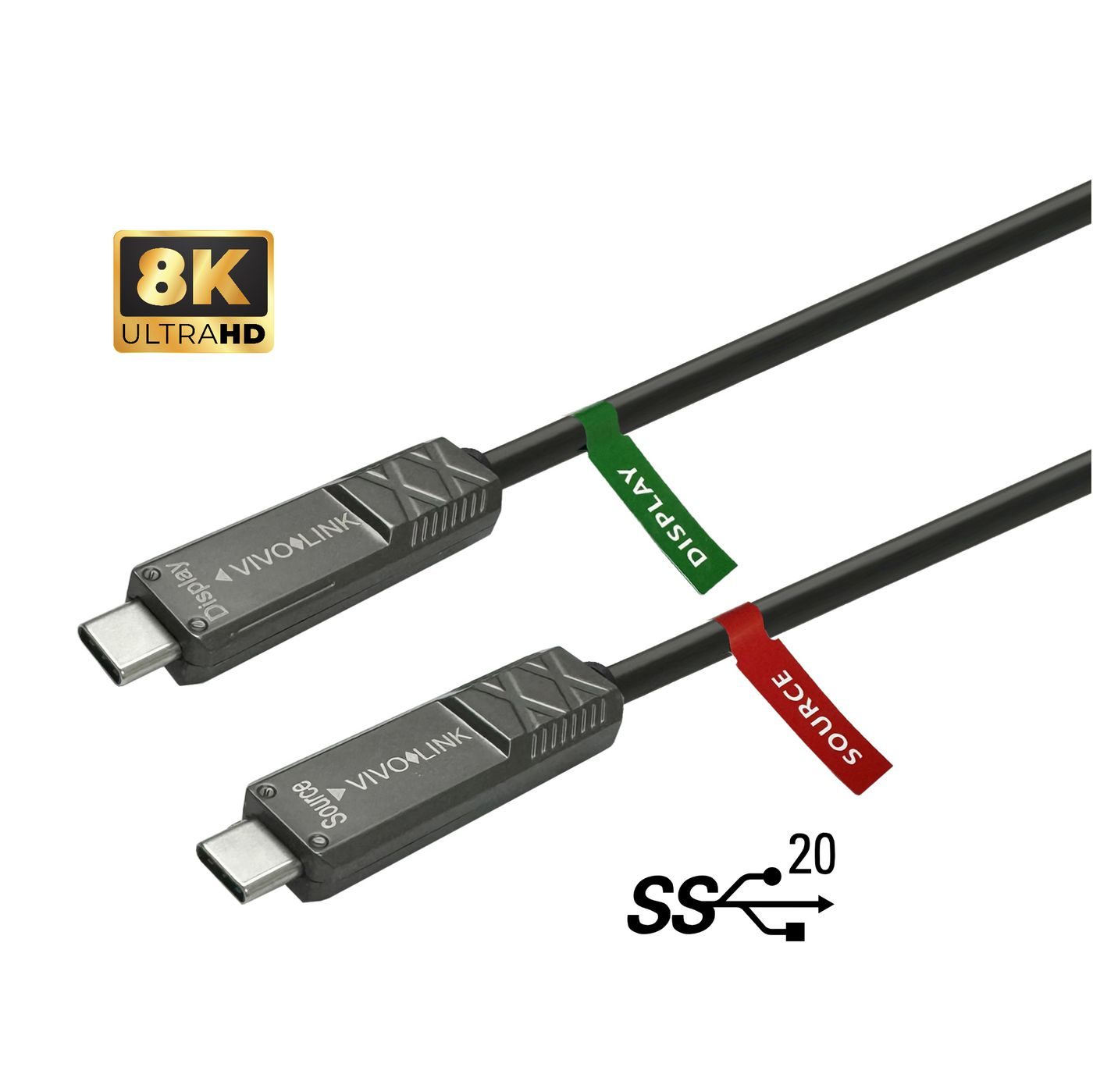 Twee zwarte USB-C kabels met labels: Display en Source. 8K Ultra HD logo. Witte achtergrond.