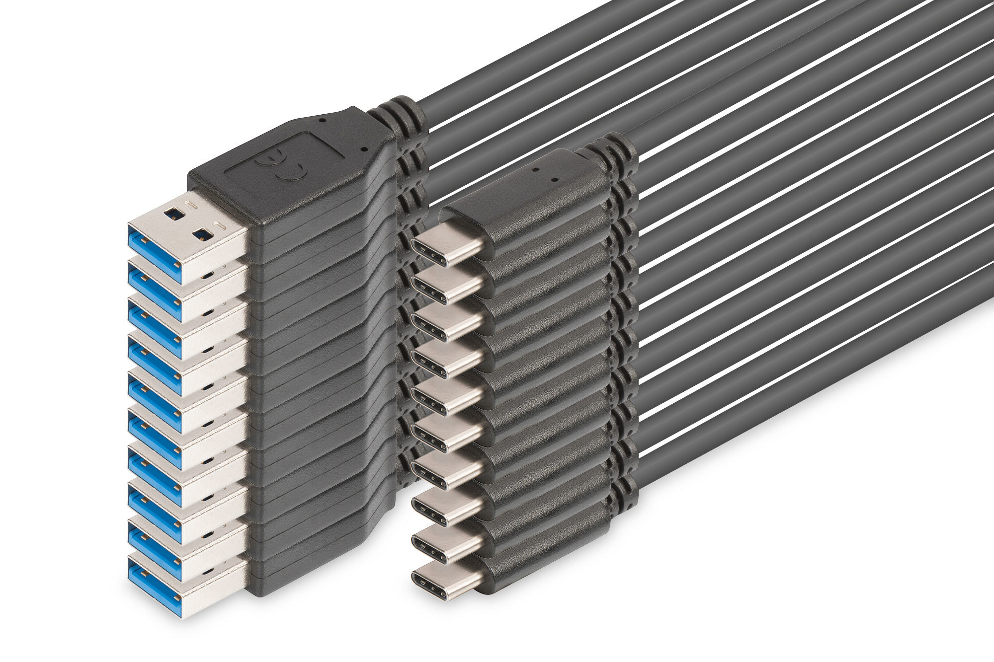 Gruppo di cavi USB e USB-C, per lo più grigi.