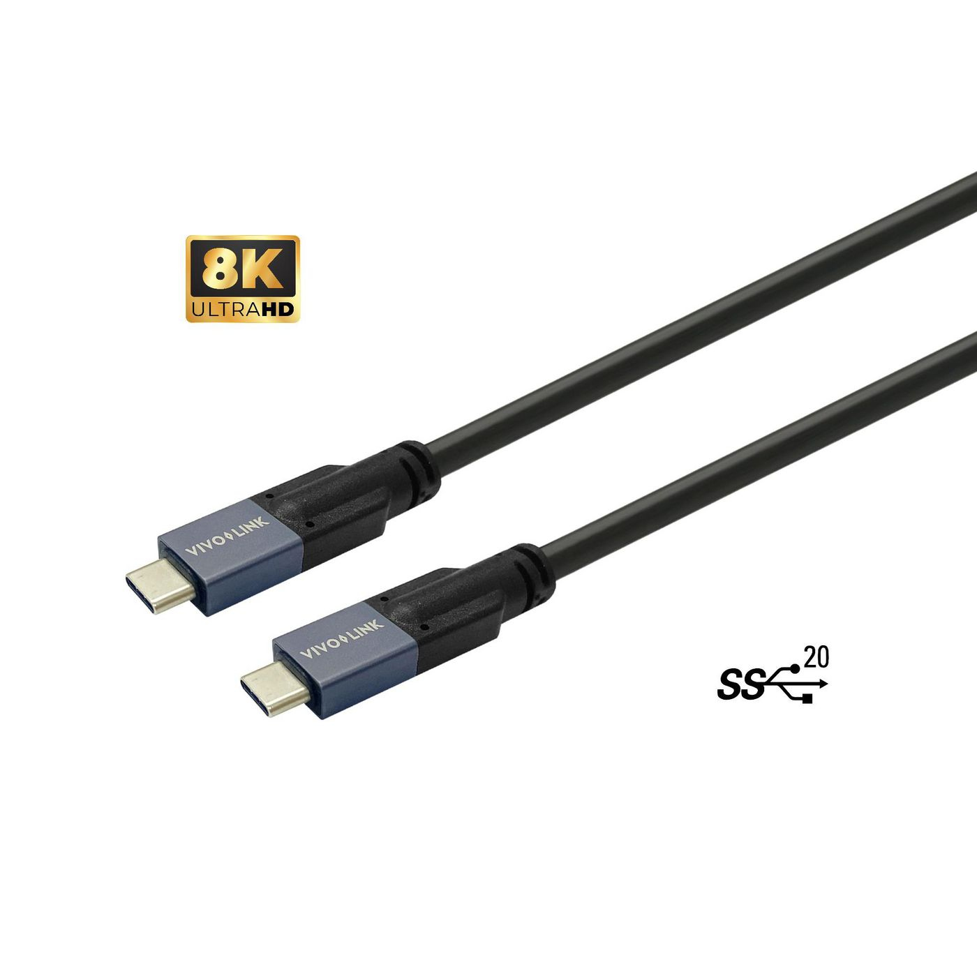 Zwarte USB-C-kabel met 8K Ultra HD-logo.
