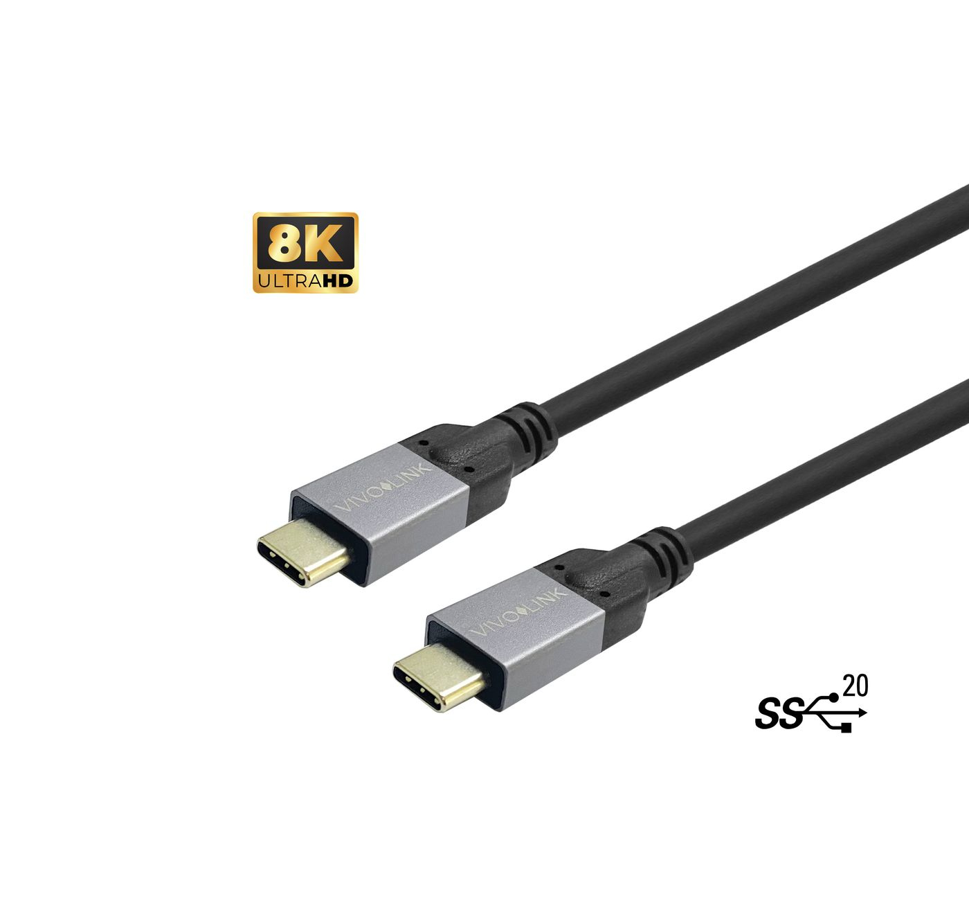 Un cavo USB-C VIVOLINK nero con connettori, loghi 8K ULTRAHD e SS20, sfondo bianco.