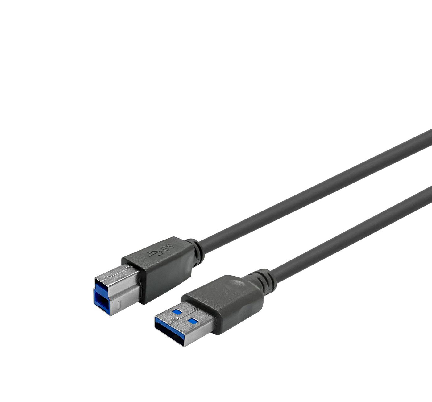 Schwarze USB-Kabel mit USB-A- und USB-B-Anschlüssen, auf weißem Hintergrund.
