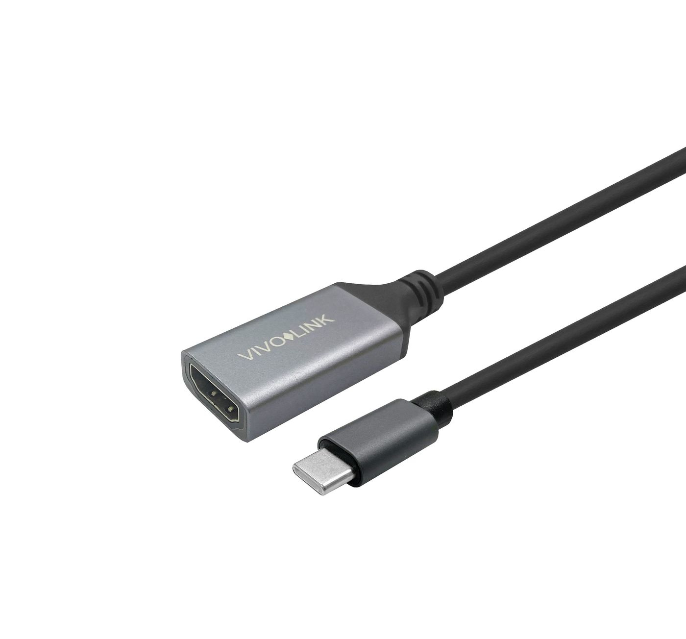 Câble VIVOLINK noir avec connecteurs HDMI vers USB-C, sur fond blanc.