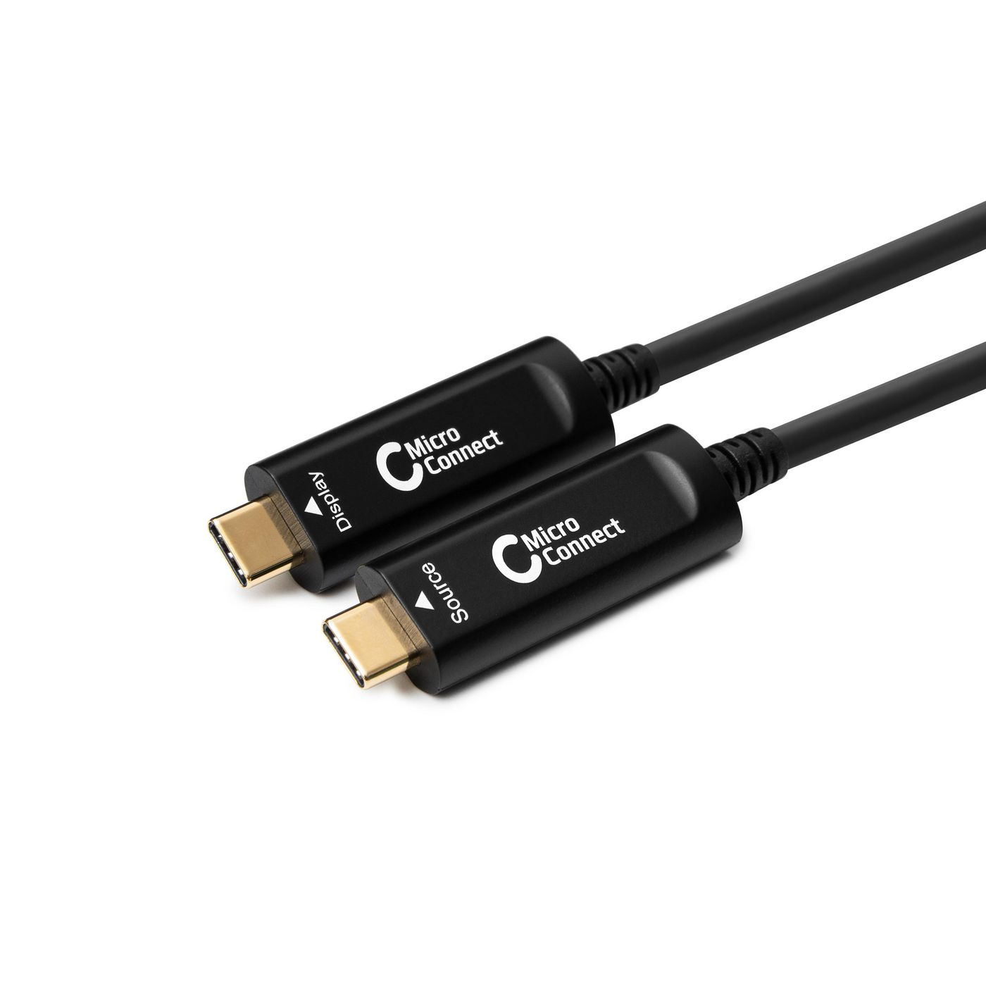 Cavi USB-C neri, uno con USB-A e l'altro con USB-C, su sfondo bianco.
