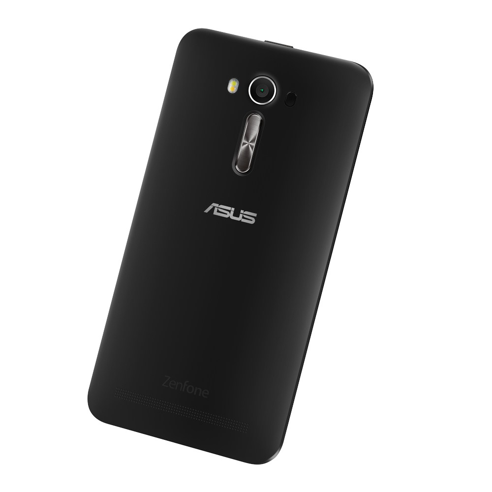 Schwarzes ASUS-Telefon mit Kamera und Markenname. Das Telefon ist seitlich abgewinkelt.