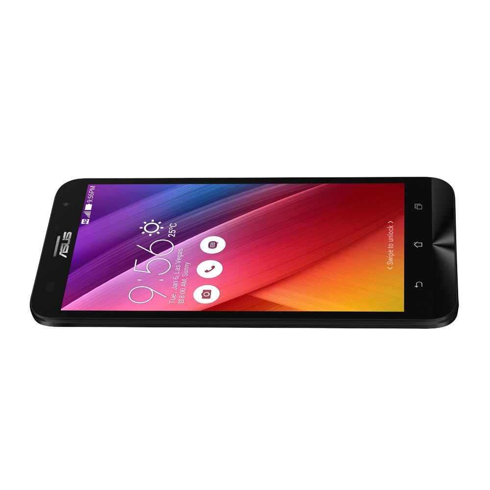 Schwarzes Smartphone auf weißem Hintergrund. Bildschirm zeigt Zeit und Apps. Telefon liegt.