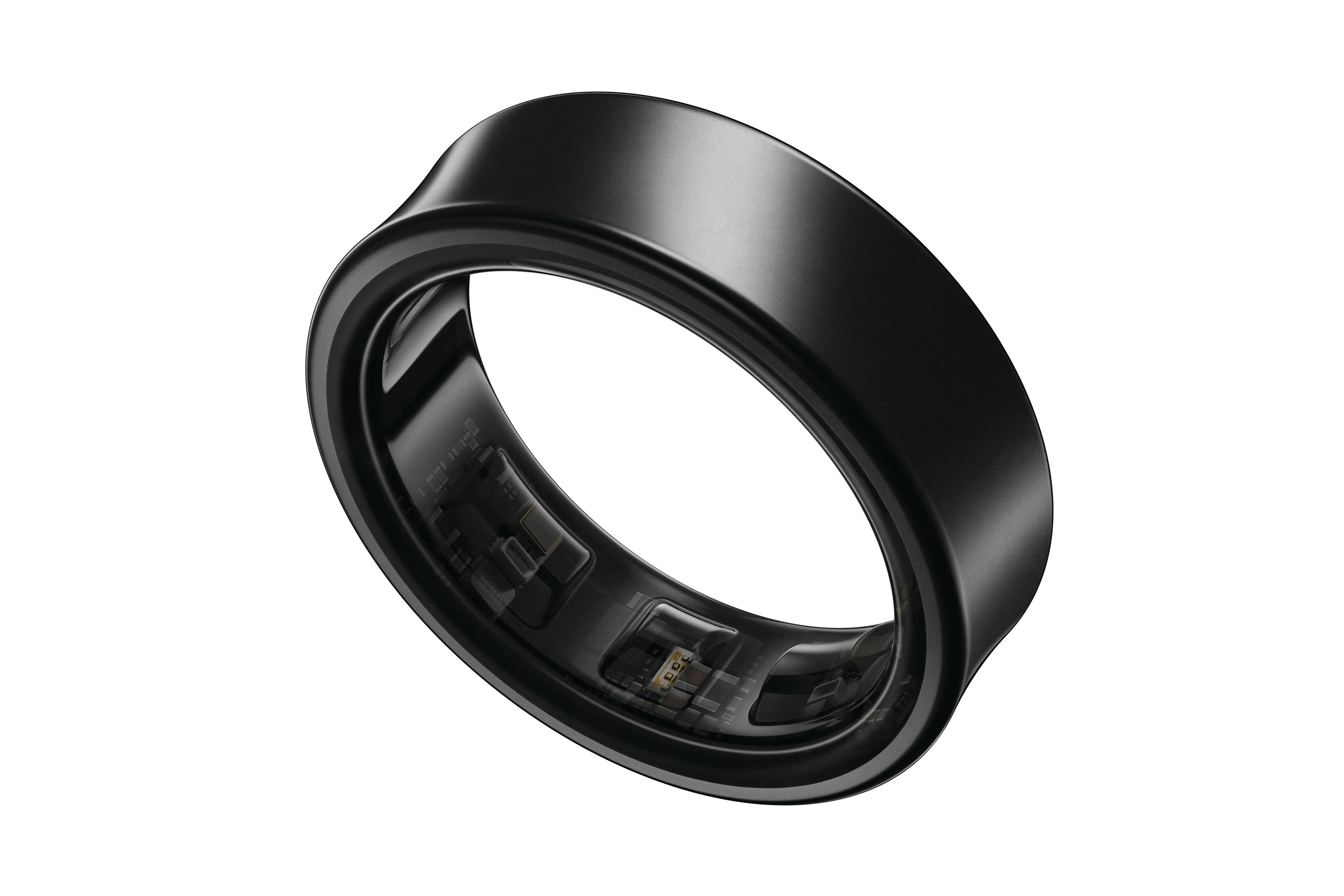 Ein schwarzer Smartring mit schlankem Design. Es ist ein Ring mit gewölbter Oberseite.