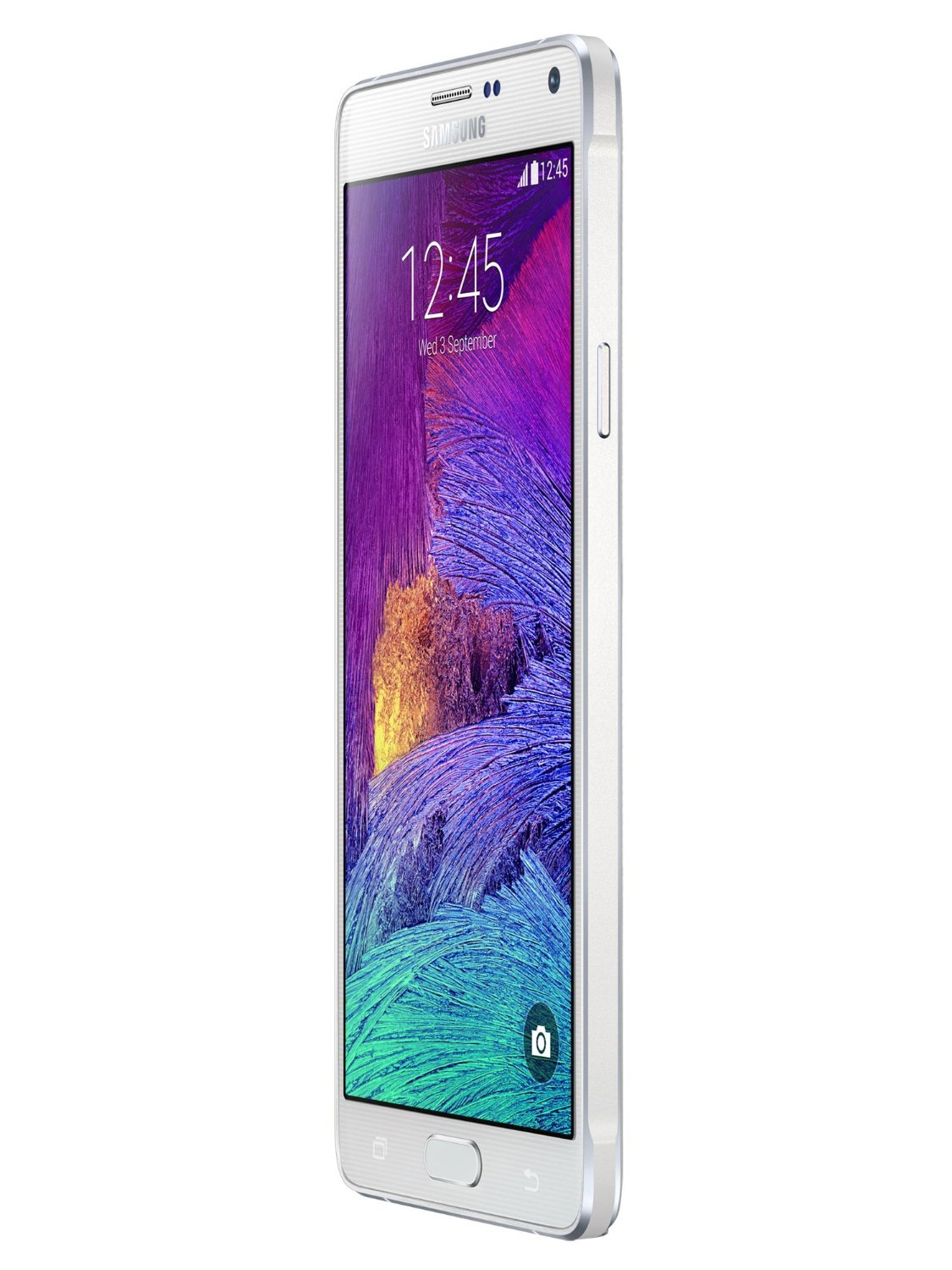 Silbernes Smartphone mit weißem Rand. Der Bildschirm zeigt Zeit und Datum.