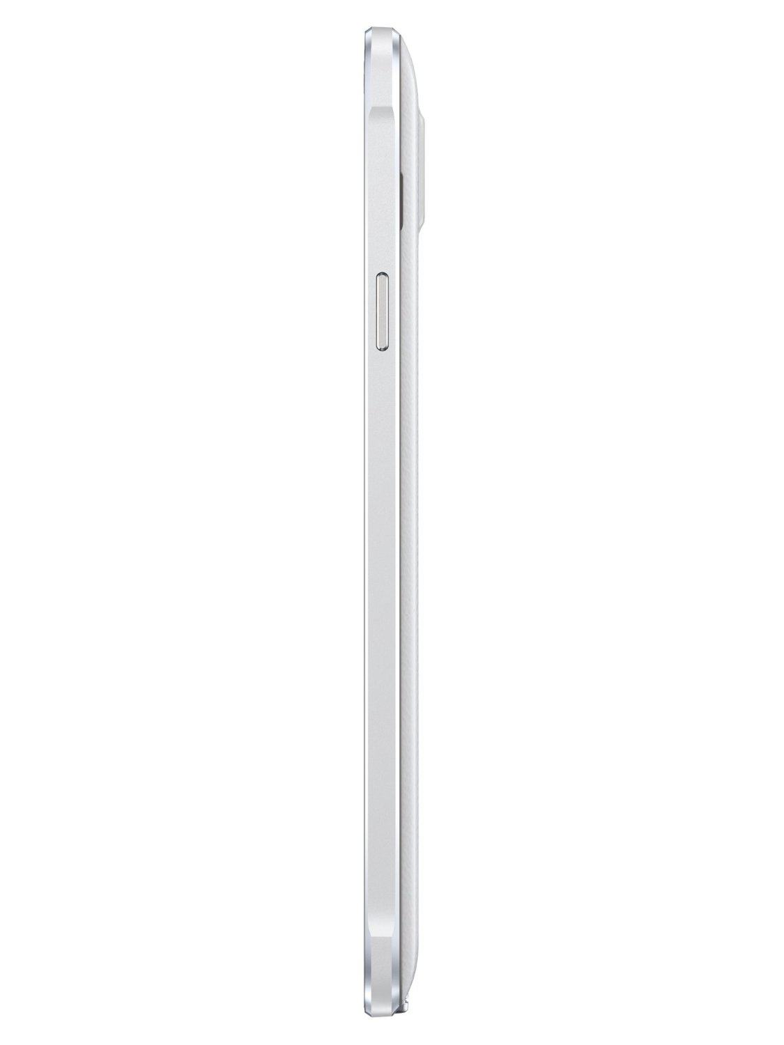 Seitenansicht eines weißen Telefons. Es hat eine Taste an der Seite. Der Hintergrund ist weiß.