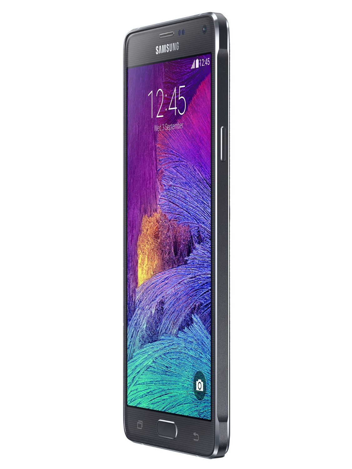 Schwarzes Samsung-Telefon, Seitenansicht, zeigt den Bildschirm. Der Bildschirm hat einen farbenfrohen Hintergrund.