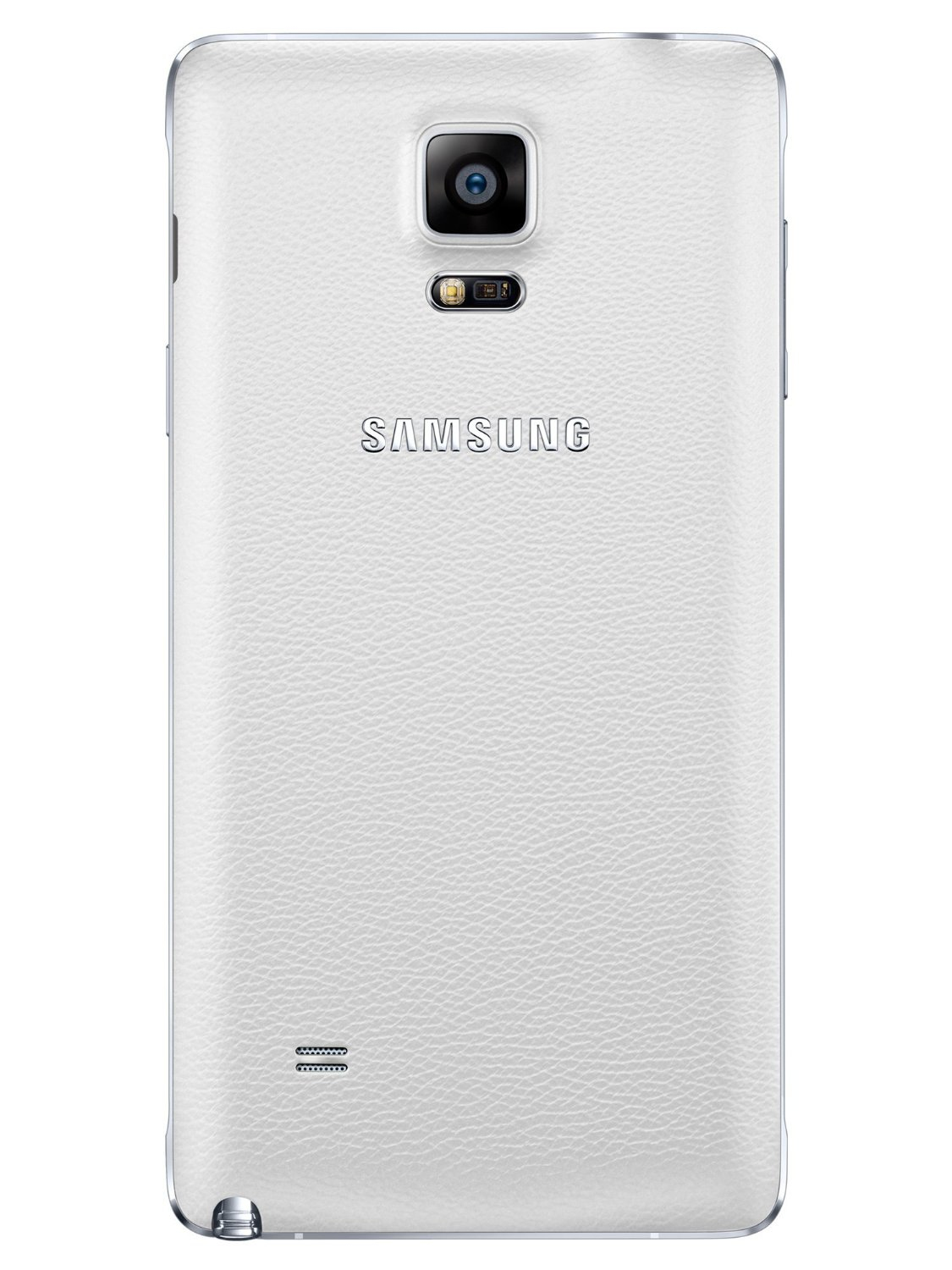 Rückseite eines weißen Smartphones mit Kamera und Logo.