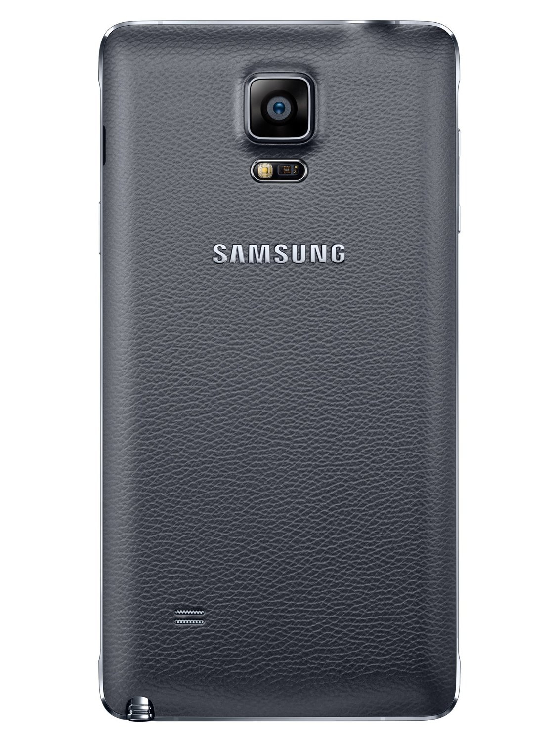 Dunkelgraues Telefon mit Kamera und SAMSUNG-Logo auf der Rückseite.