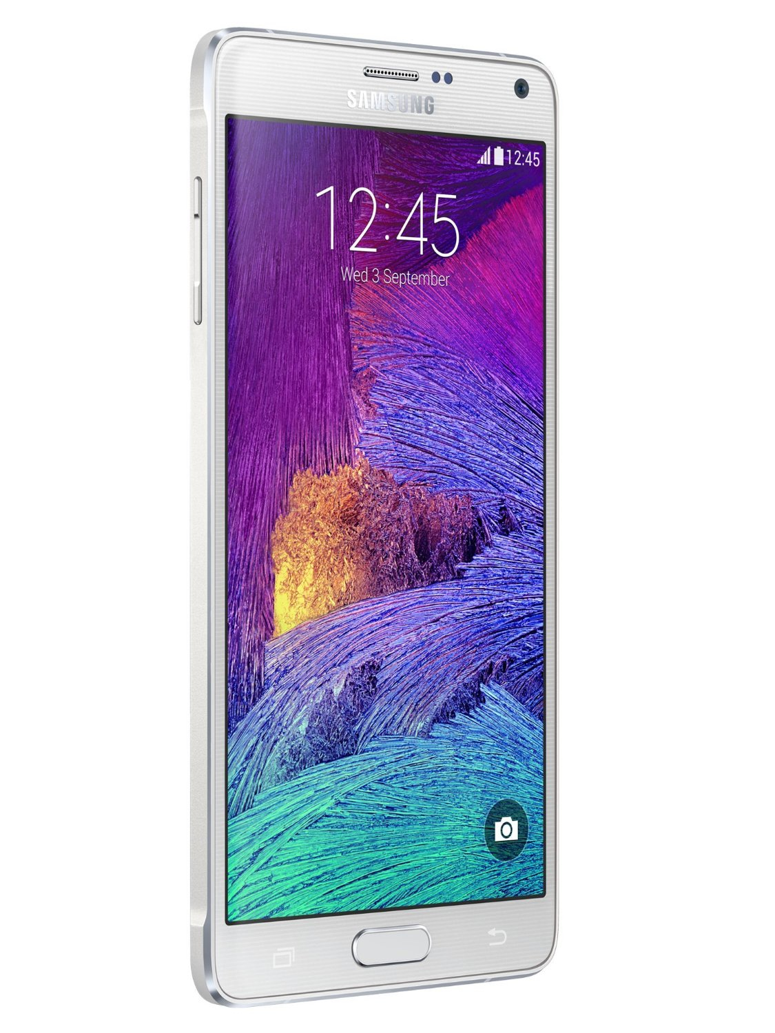 Weißes Samsung-Telefon, das die Uhrzeit anzeigt. Das Telefon hat einen großen Bildschirm und einen silbernen Rahmen.