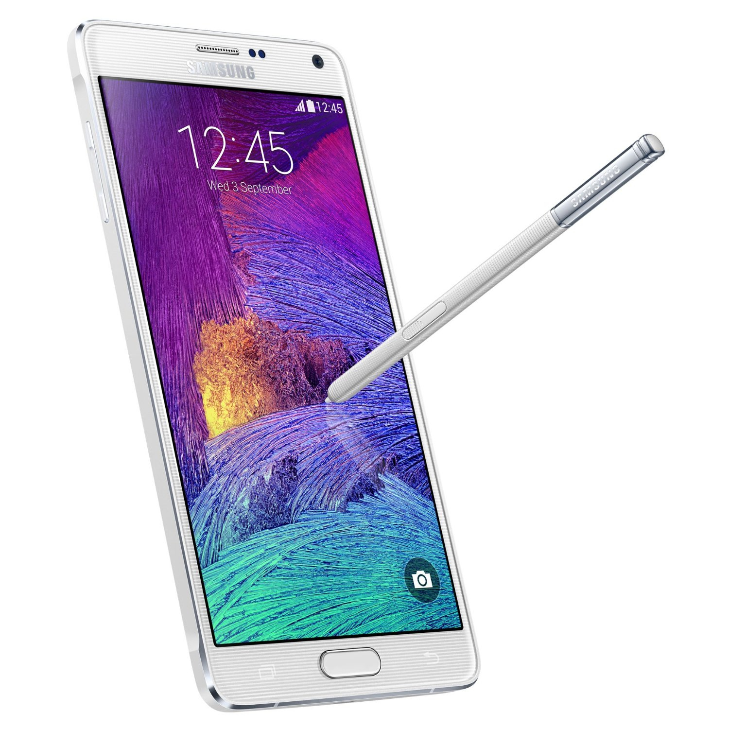 Weißes Samsung-Telefon mit Stift. Der Bildschirm zeigt bunte Grafiken. Das Telefon ist abgewinkelt.