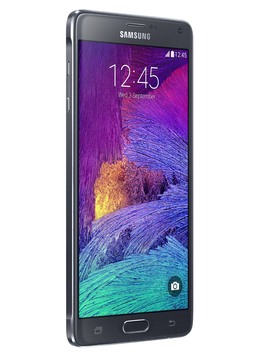 Schwarzes Smartphone mit farbenfrohem Bildschirm und Samsung-Logo.