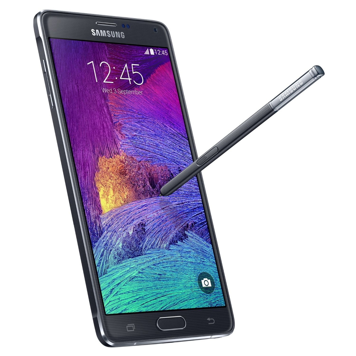 Schwarzes Samsung-Telefon mit Stift, Anzeige von Uhrzeit und Datum.