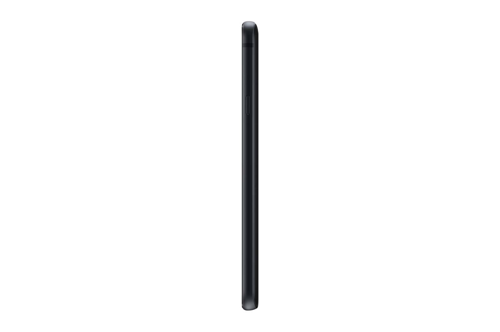 Vista laterale di uno smartphone nero. Il telefono è in posizione verticale e ha un design elegante e sottile.