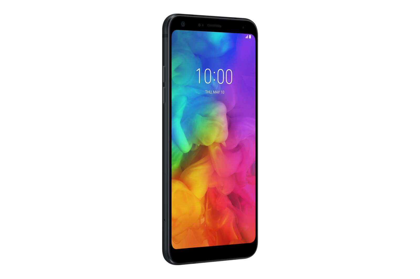 Telefono nero che visualizza le 10:00 su uno schermo. Lo schermo ha uno sfondo astratto colorato.