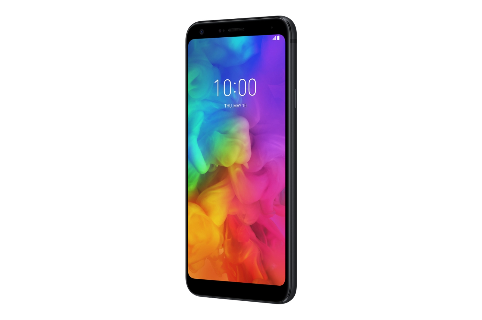 Uno smartphone in posizione verticale mostra uno sfondo astratto e colorato.