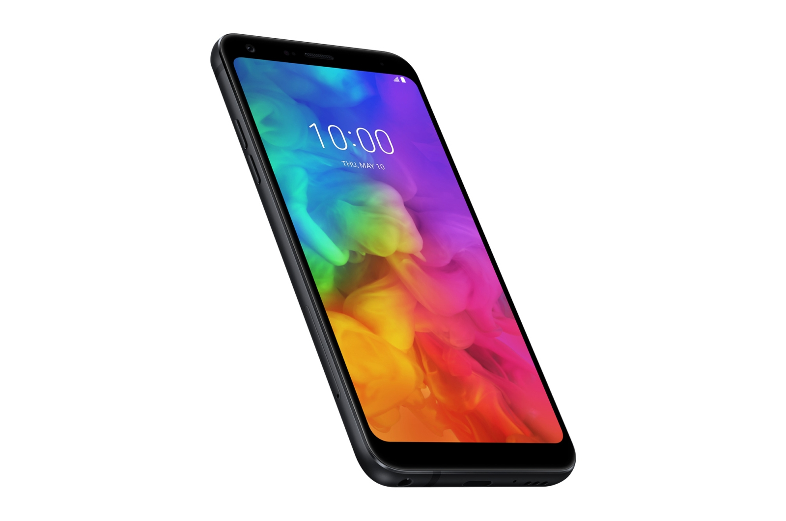 Smartphone nero su sfondo bianco, schermo colorato con ora, inclinato, vista laterale destra.