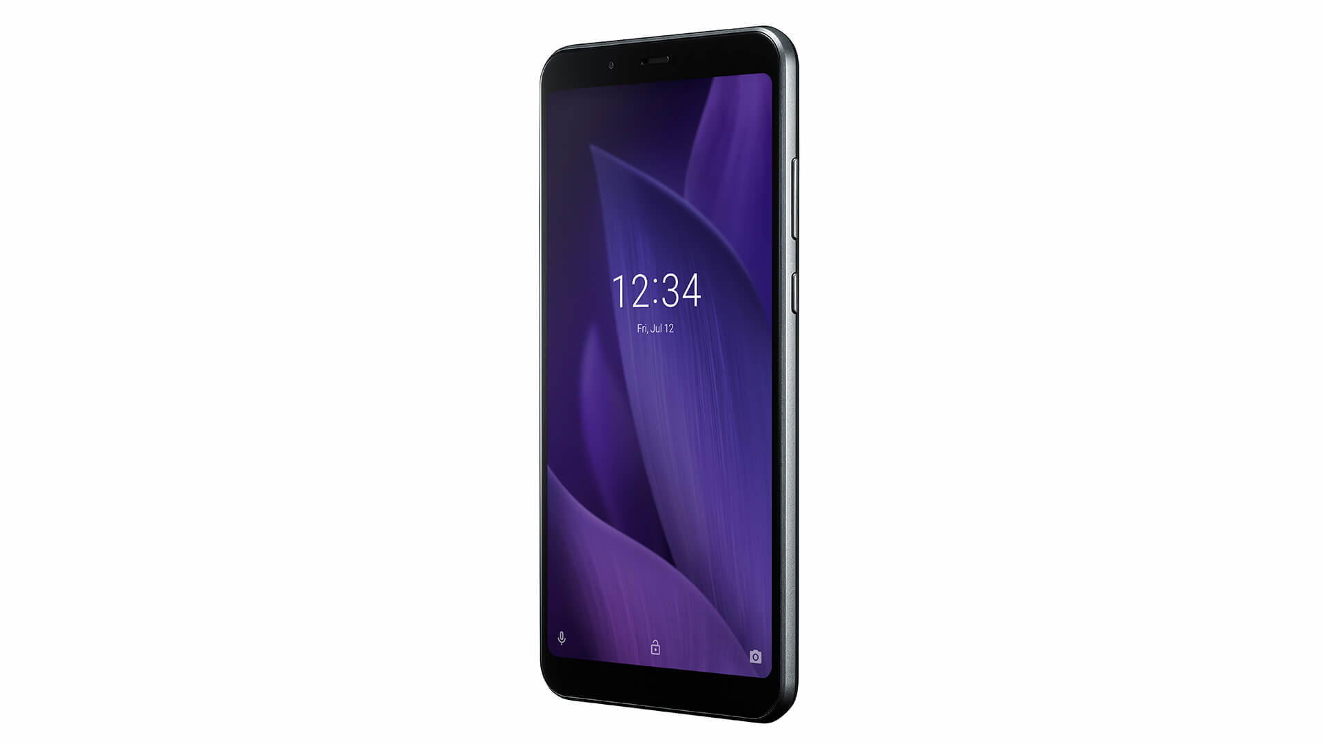 Schwarzes Smartphone mit lila Bildschirm, der Zeit und Datum anzeigt. Seitentasten sichtbar.