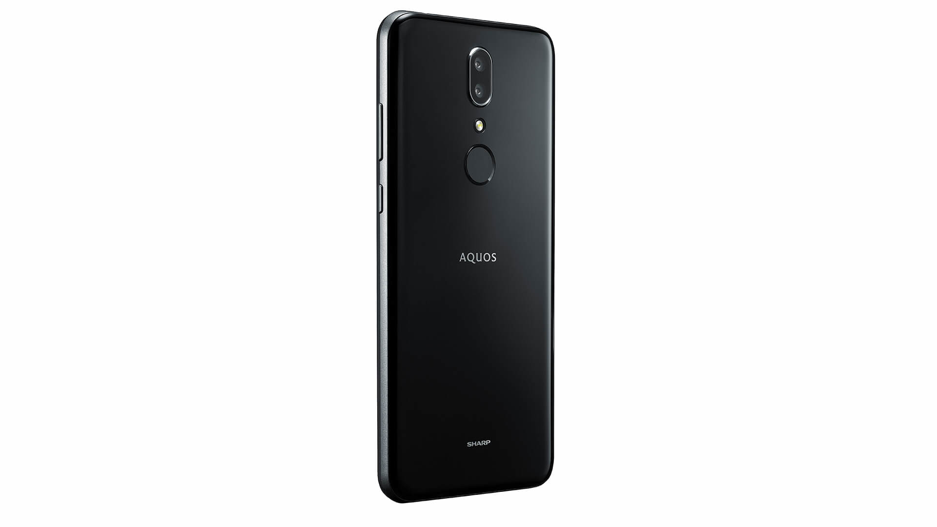 Die Rückseite eines schwarzen Smartphones mit Dual-Linsen-Kamera und den Markennamen Aquos und Sharp.