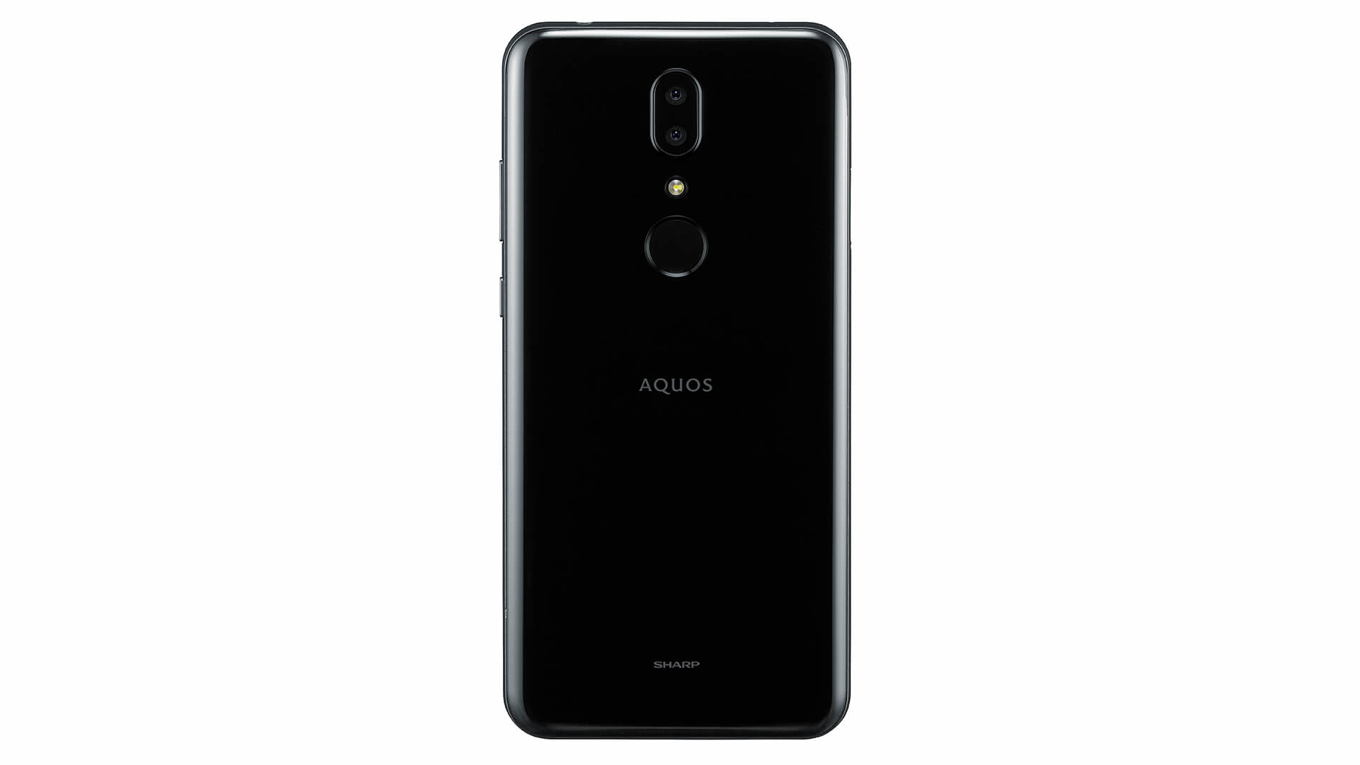 Schwarze AQUOS-Telefonrückseite, zeigt die Kamera und das AQUOS-Logo.