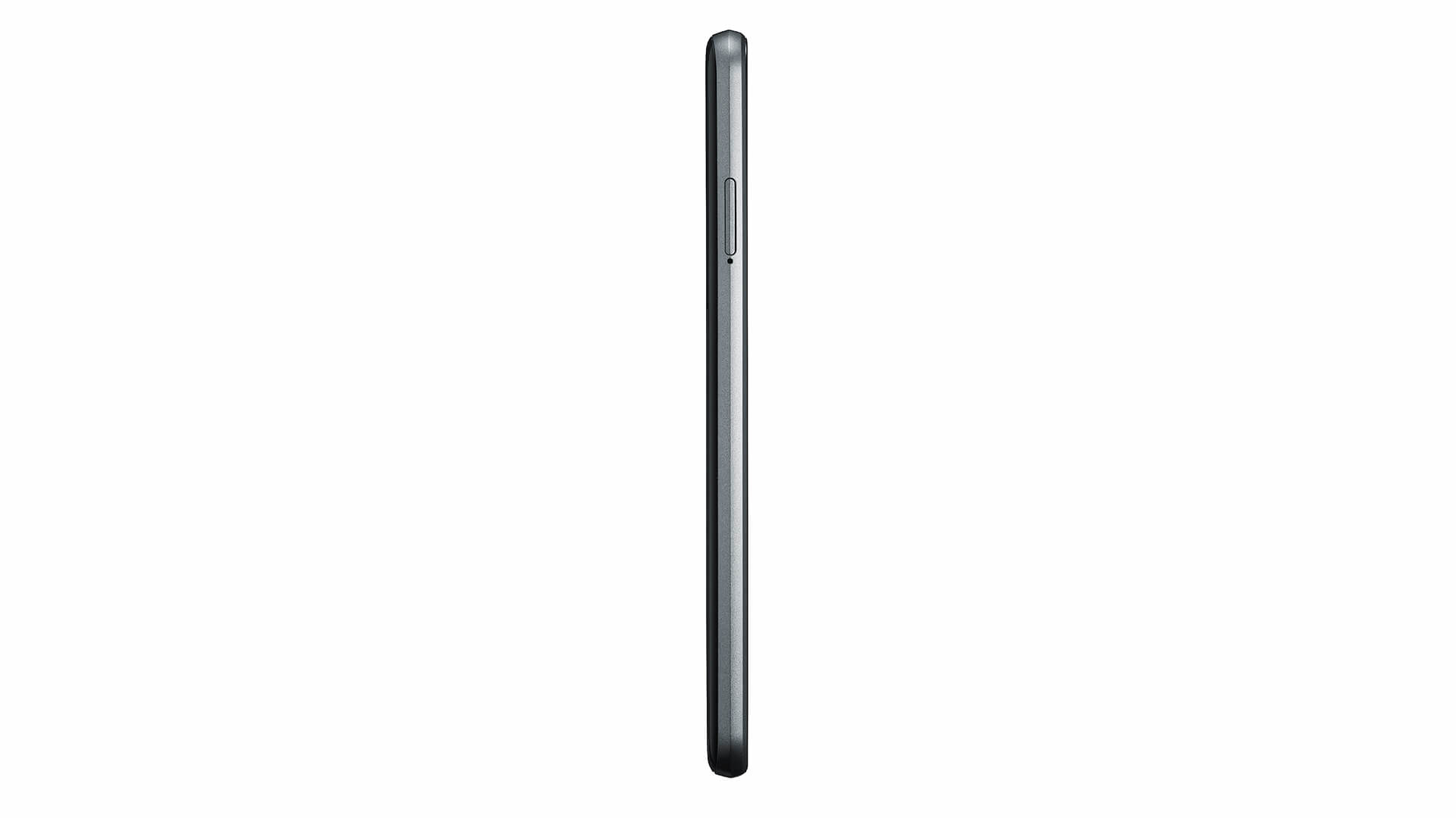 Seitenprofil eines schwarzen Smartphones vor weißem Hintergrund. Das Telefon ist dünn und elegant.