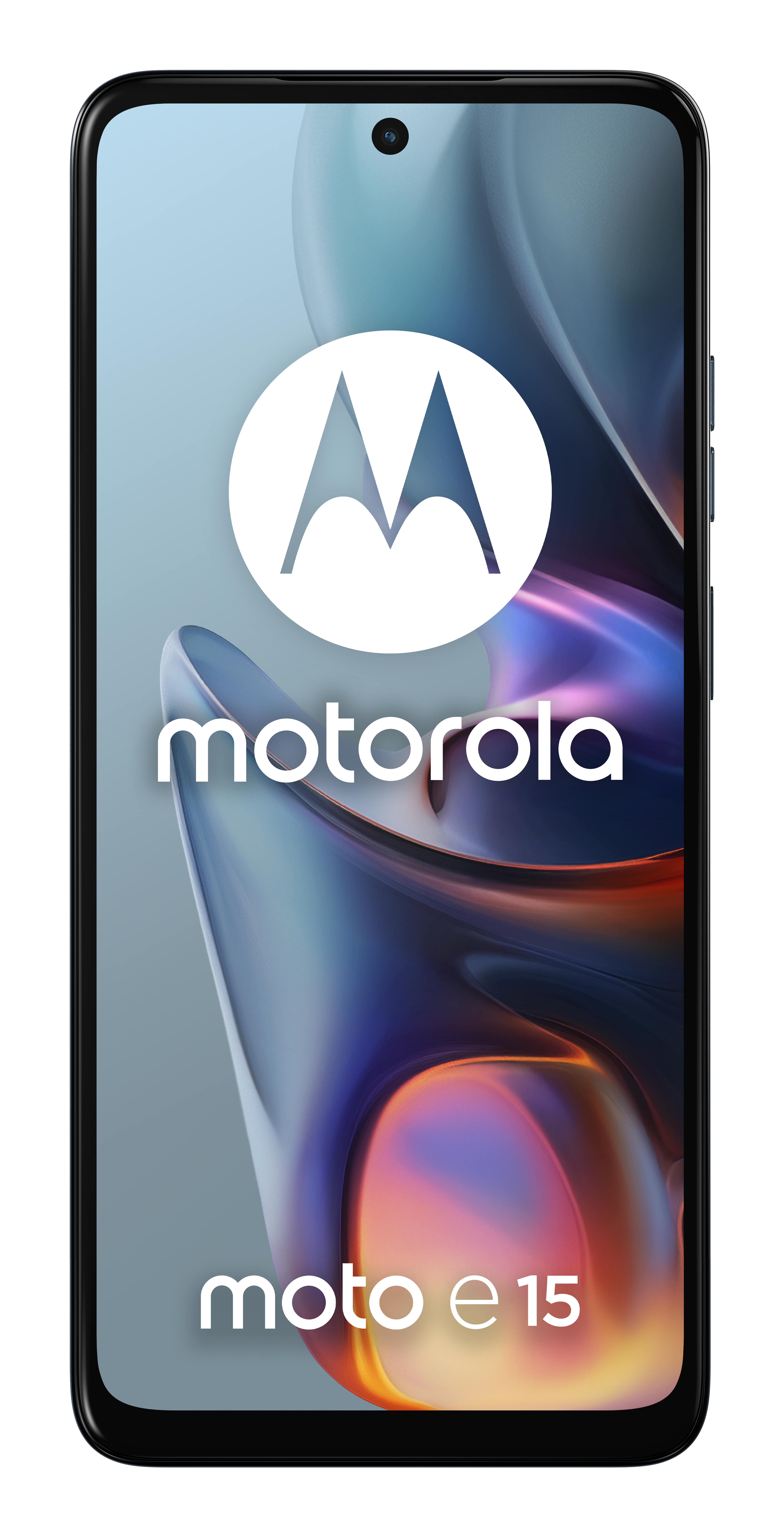Smartfon z czarną ramką wyświetlający logo Motorola i tekst Moto e15.