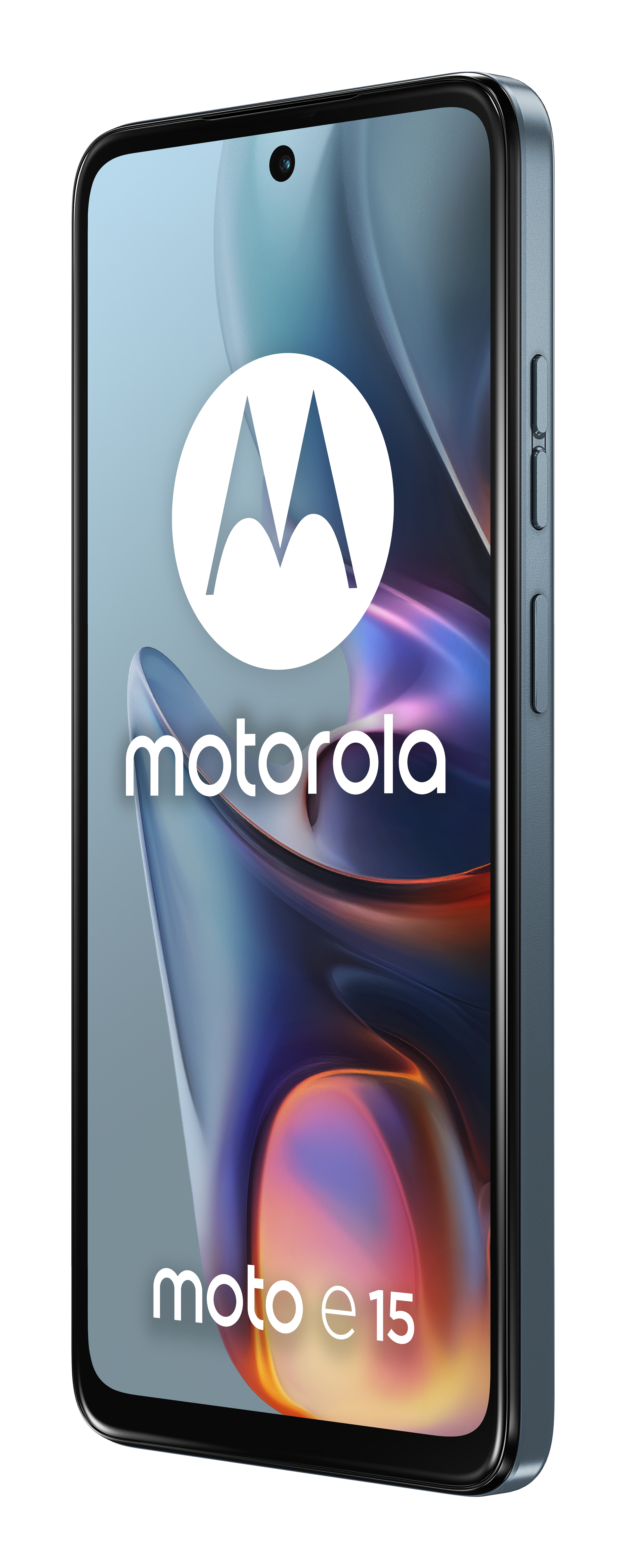 Niebieski smartfon Motorola moto e15 z logo Motorola na ekranie.
