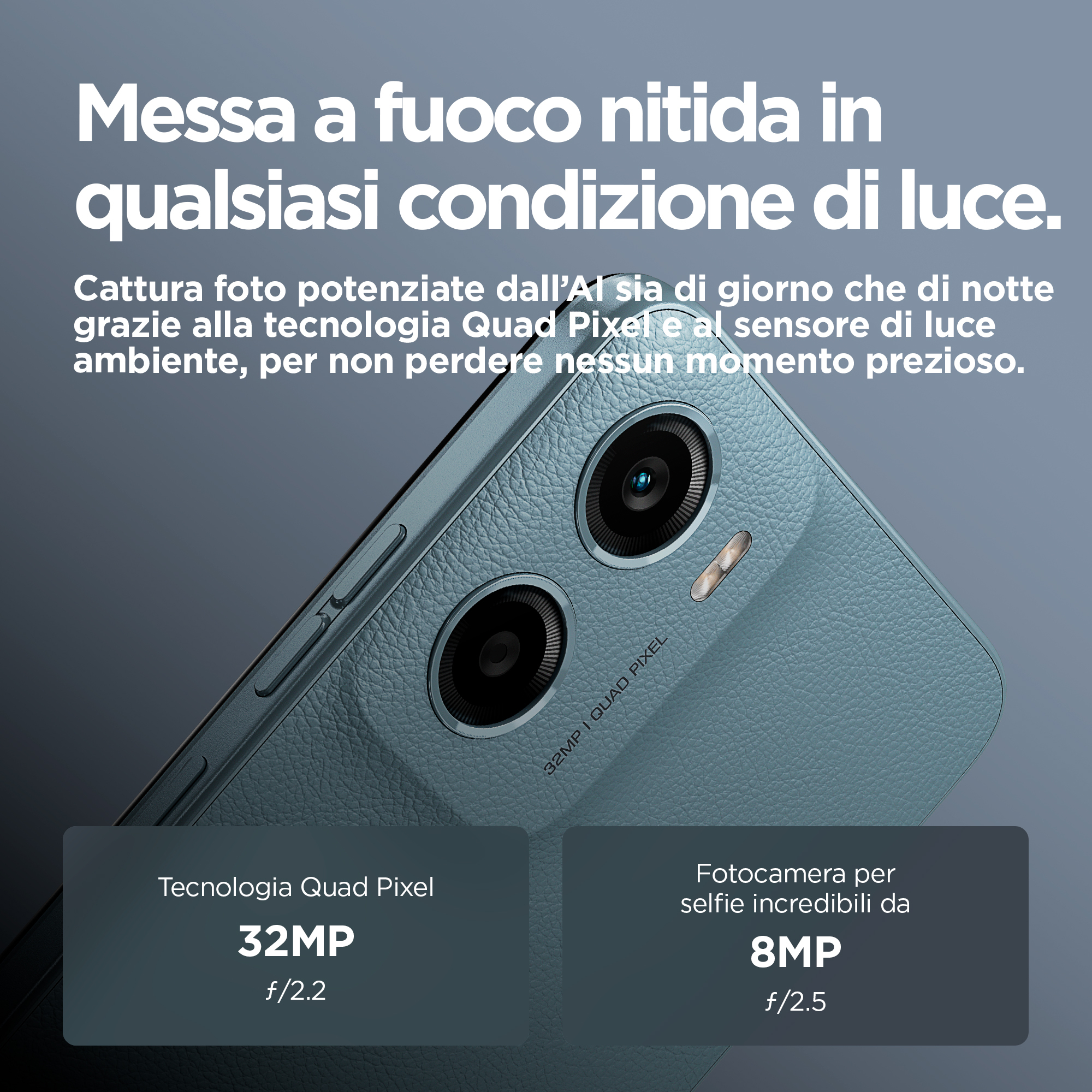Un telefono con due fotocamere e testo. Il telefono è blu. Il telefono ha un testo sulle funzioni.