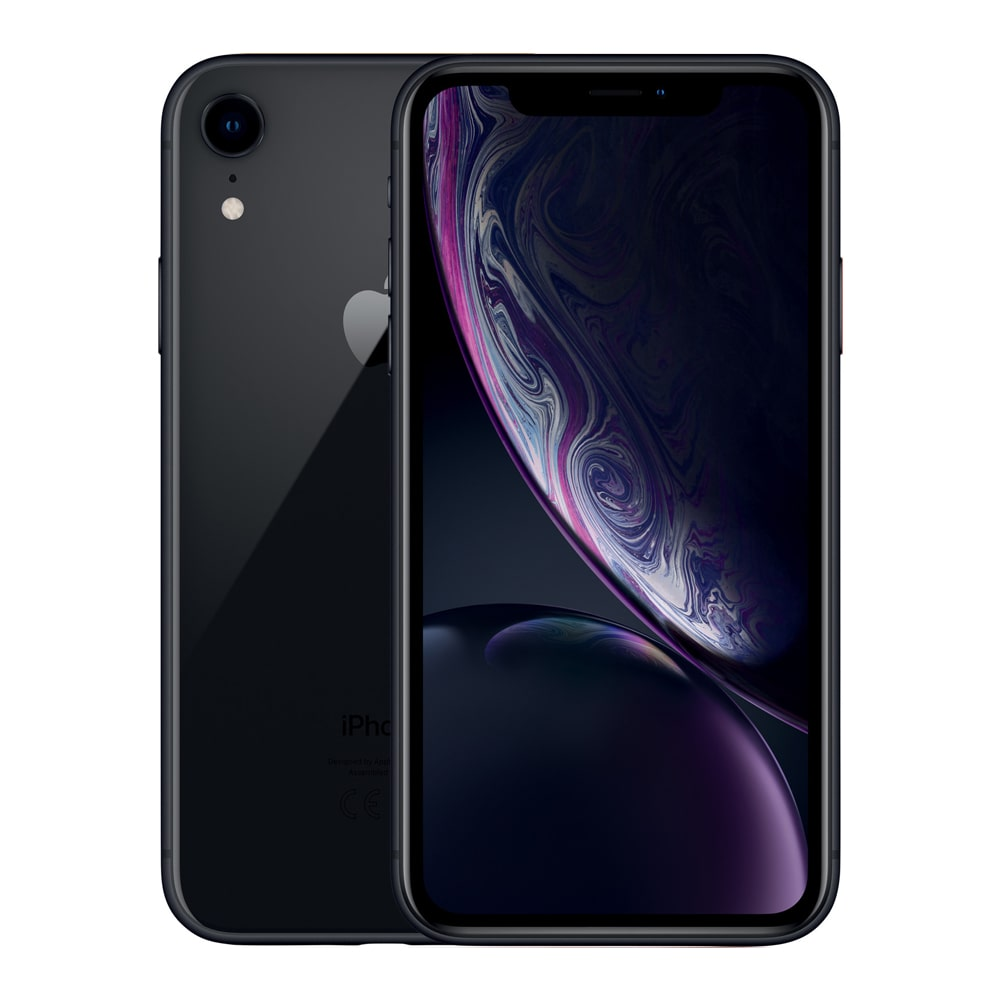Zwarte smartphone in voor- en achteraanzicht. Het scherm staat aan. Het heeft een camera.
