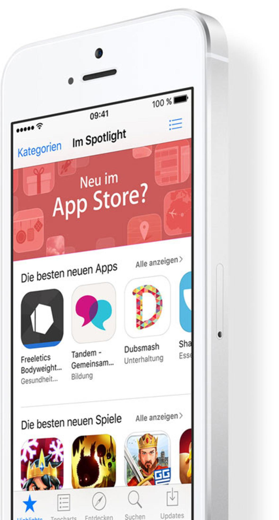 Weißes Smartphone mit App Store. Apps und Spiele werden angezeigt. Spotlight-Bereich sichtbar.