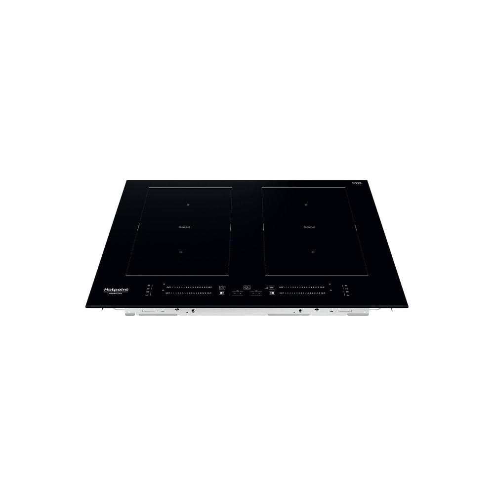 Piano cottura in vetro nero con due fuochi. Logo Hotpoint in basso a sinistra.