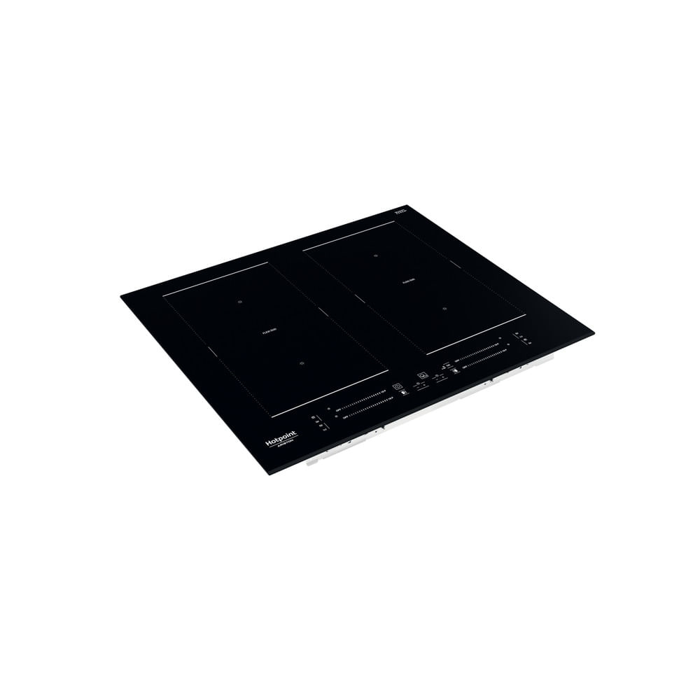Un piano cottura a induzione nero con due fuochi, vista angolata. Il logo Hotpoint è visibile.