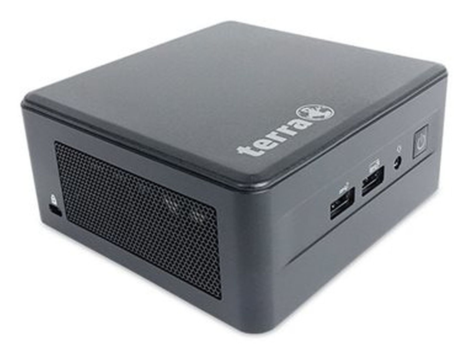 Kleines graues Computergehäuse mit einem Mesh-Lüfter. Es hat einen Einschaltknopf, USB-Anschlüsse und ein 'terra' Logo.