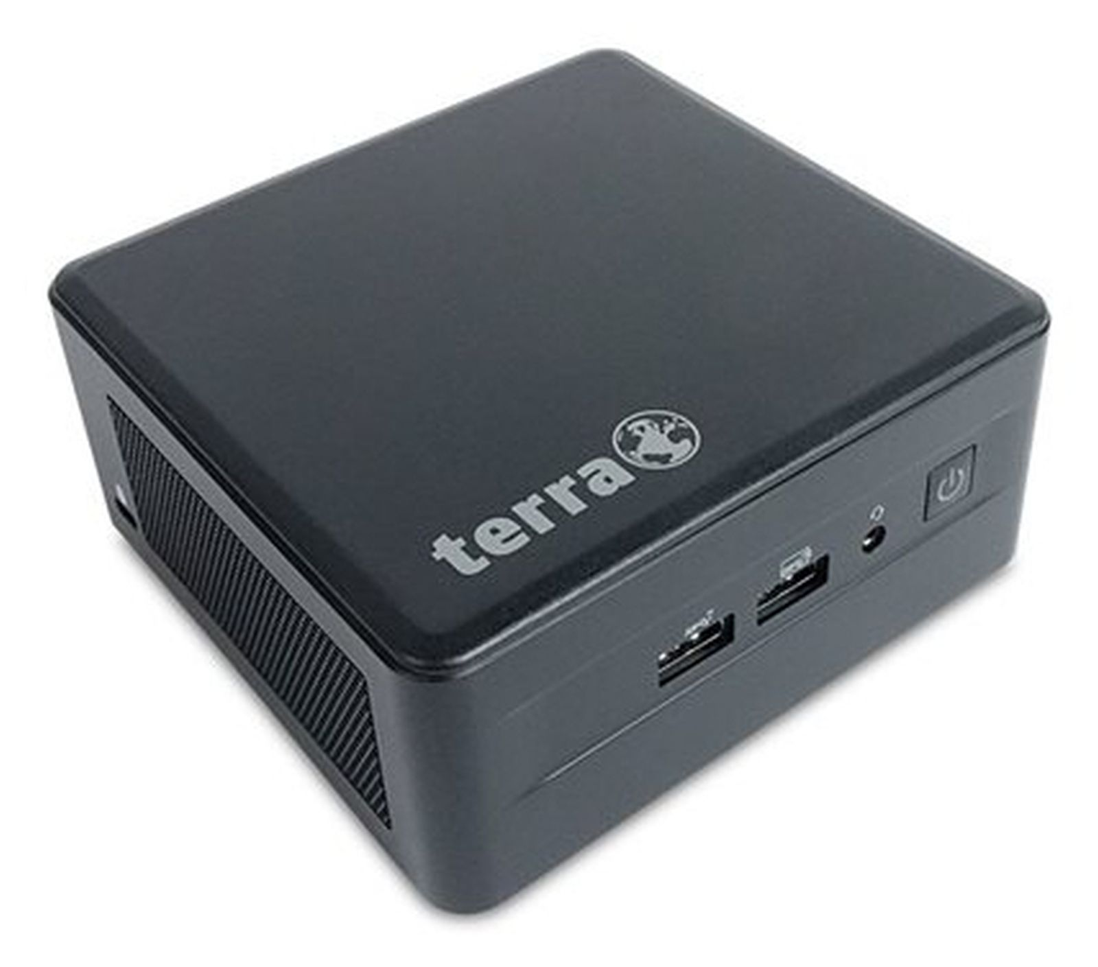 Ein kleiner, dunkel gefärbter Computer mit dem Text "terra" auf der Vorderseite und einem Einschaltknopf.