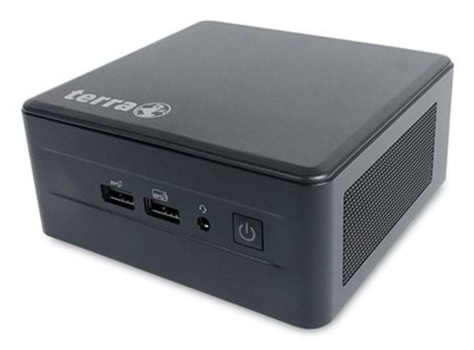 Schwarzer Mini-Computer mit zwei USB-Anschlüssen und dem Wort "terra".