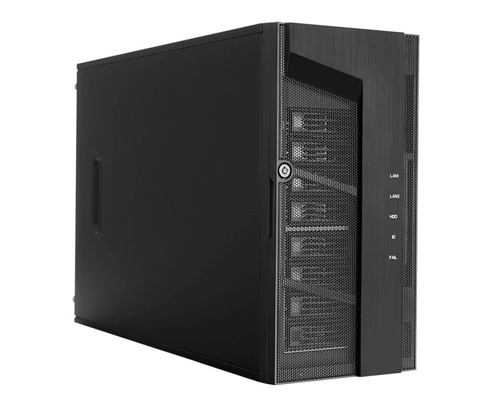 Server nero, vista laterale, mostra ventola e porte. Sfondo bianco.