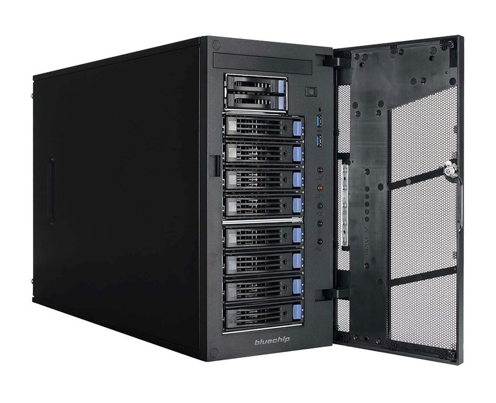 Server nero con porta aperta. Gli alloggiamenti interni sono visibili e contengono più unità.