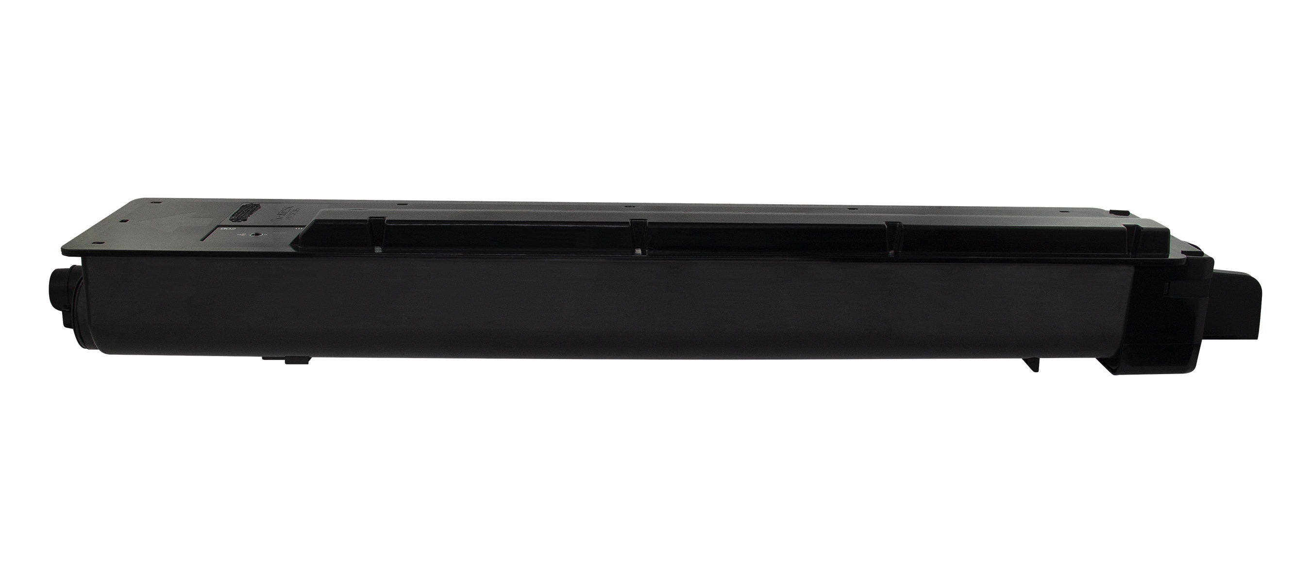 Czarny wkład z tonerem. Ma długi, prostokątny kształt. Czarny plastik.