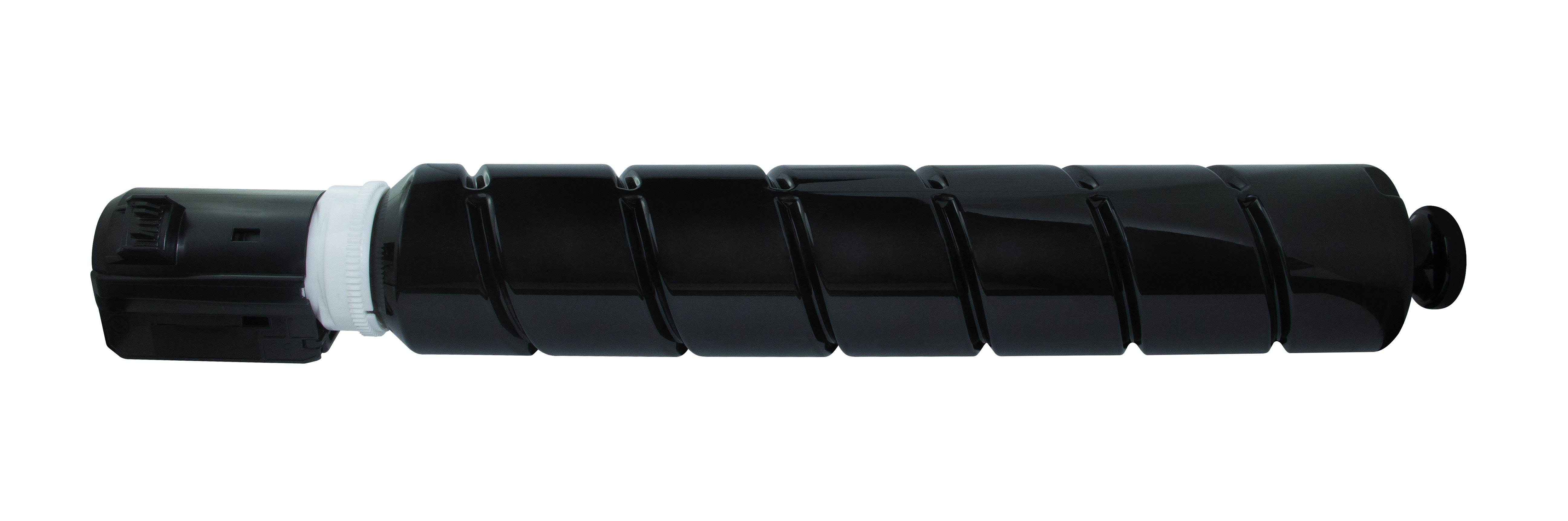 Schwarze Tonerkartusche auf weißem Hintergrund. Lange, zylindrische Form.