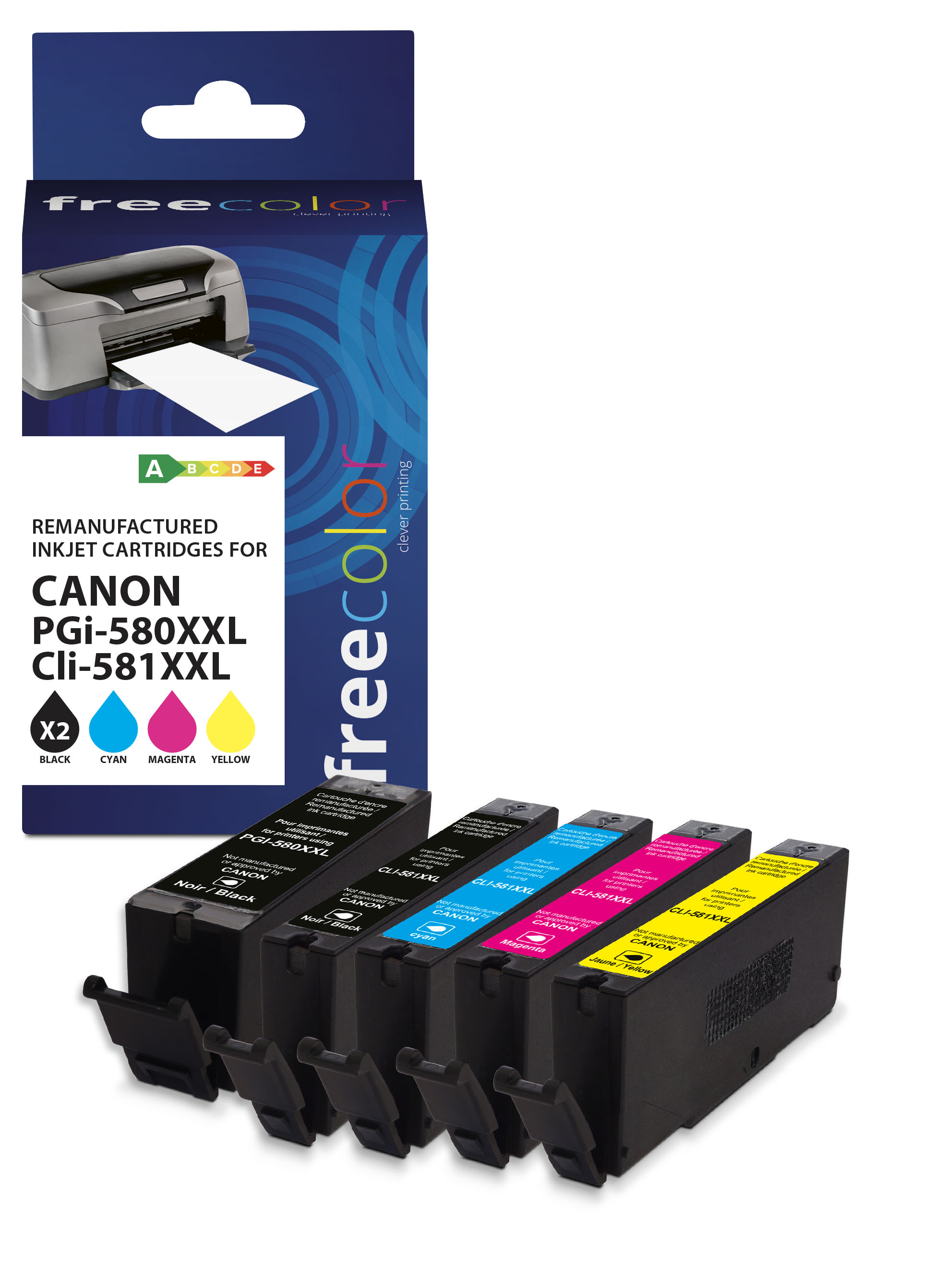 Tintenpatronen in Verpackung, mit Drucker und Text. Schwarz, Cyan, Magenta und Gelb.