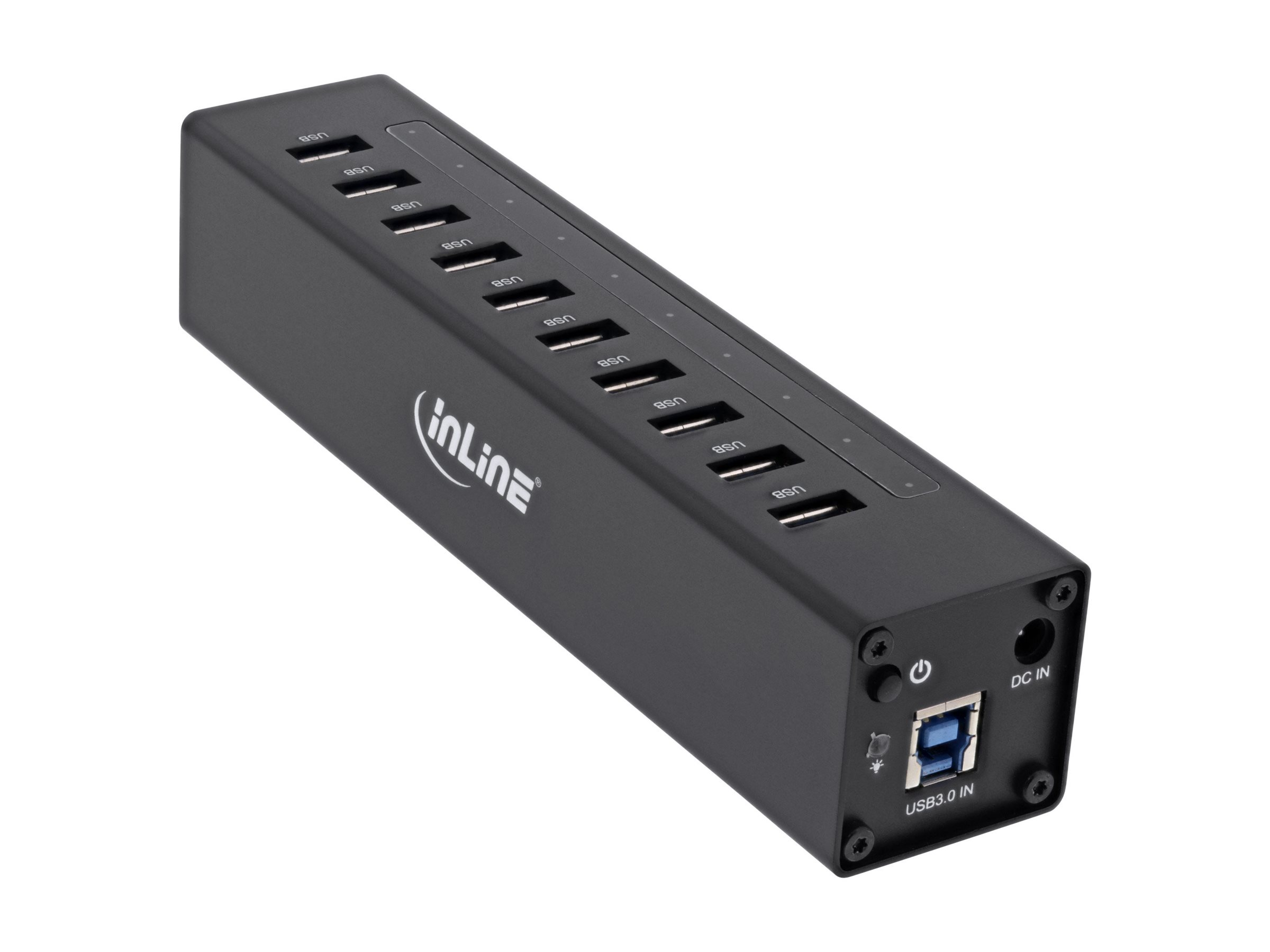 Hub USB inLine nero con più porte USB. Sfondo bianco. Logo 'inLine' visibile.