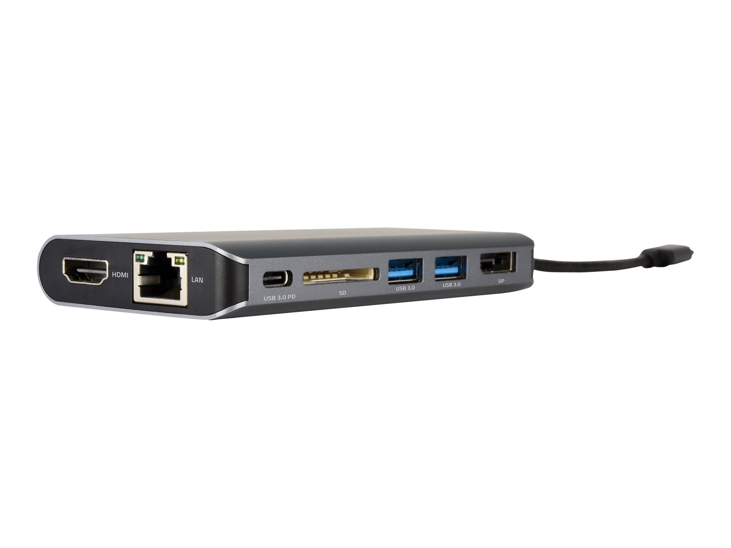 Hub USB-C nero e grigio con più porte: HDMI, Ethernet, USB 3.0, SD. Sfondo bianco.