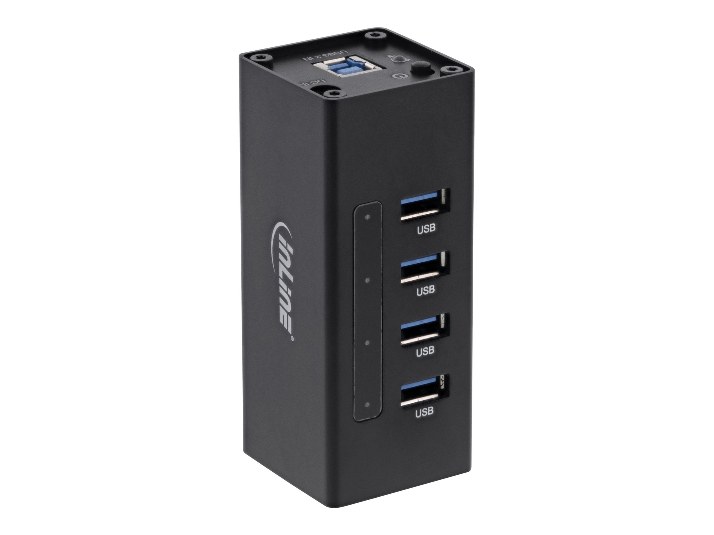 Hub USB inLine nero con quattro porte USB. Sfondo bianco. Logo 'inLine' visibile.
