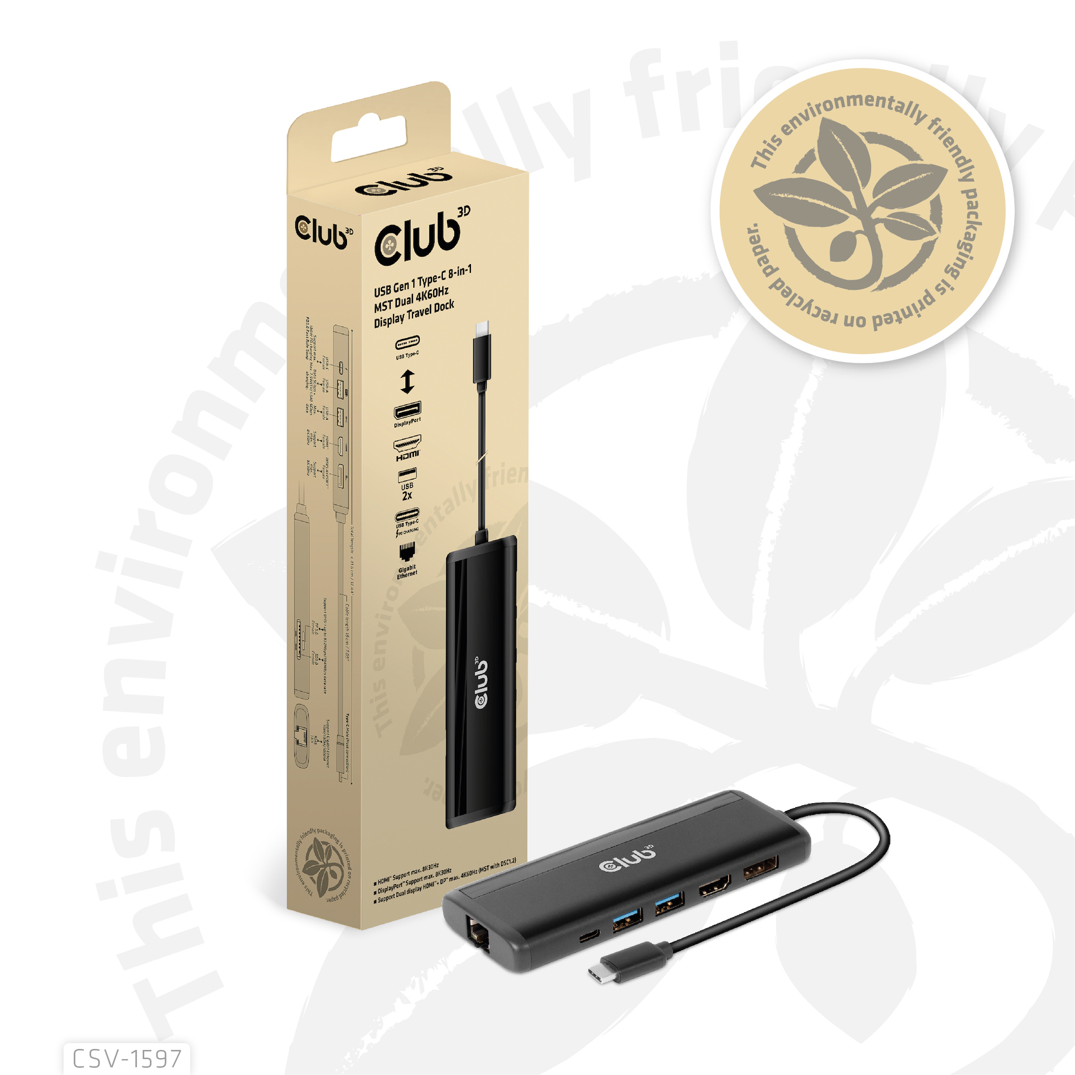 Hub USB Club nero in una scatola. La scatola mostra le porte e le funzionalità dell'hub.