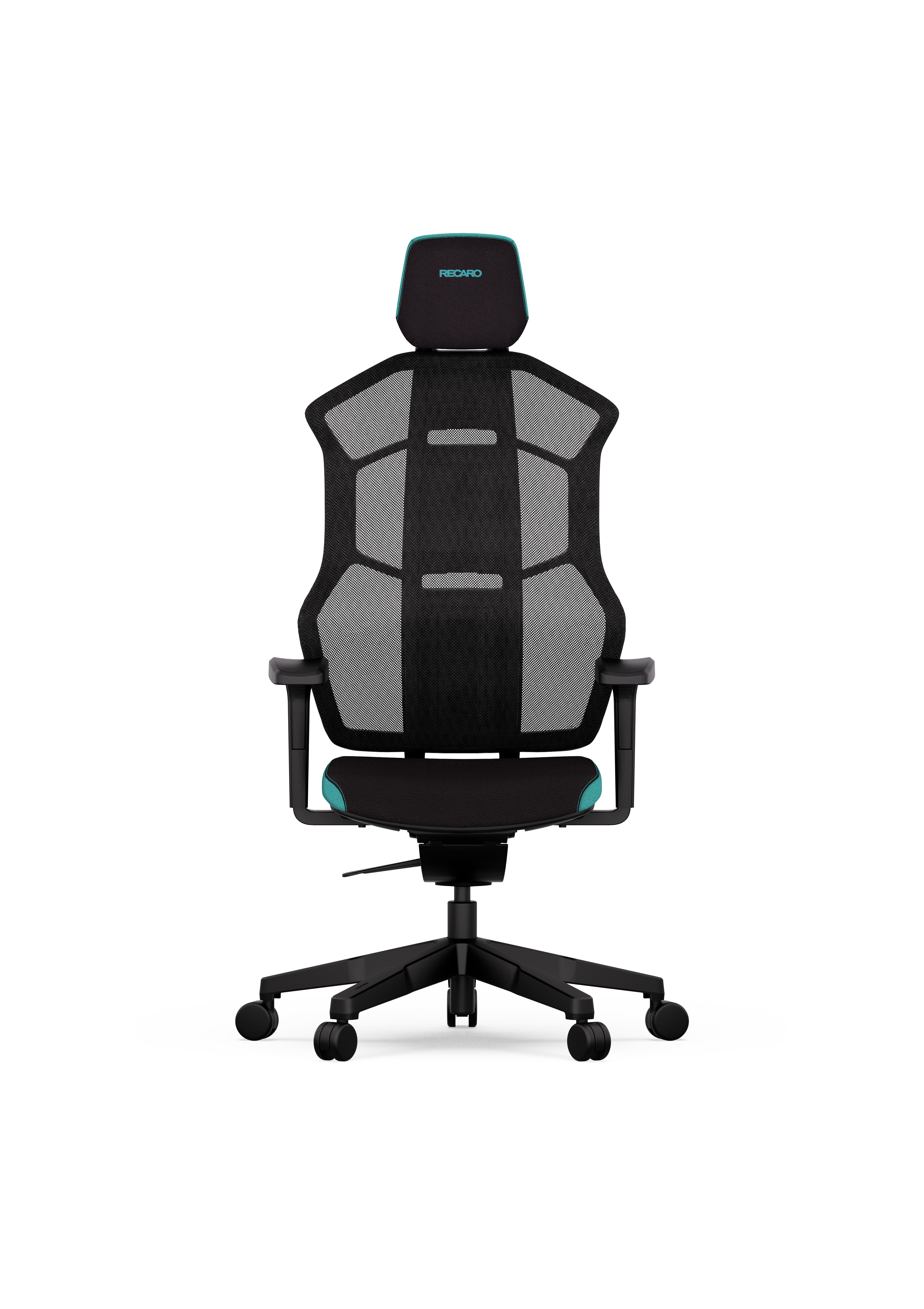 Black mesh office chair with a teal headrest and accents. The chair has a black base with wheels.