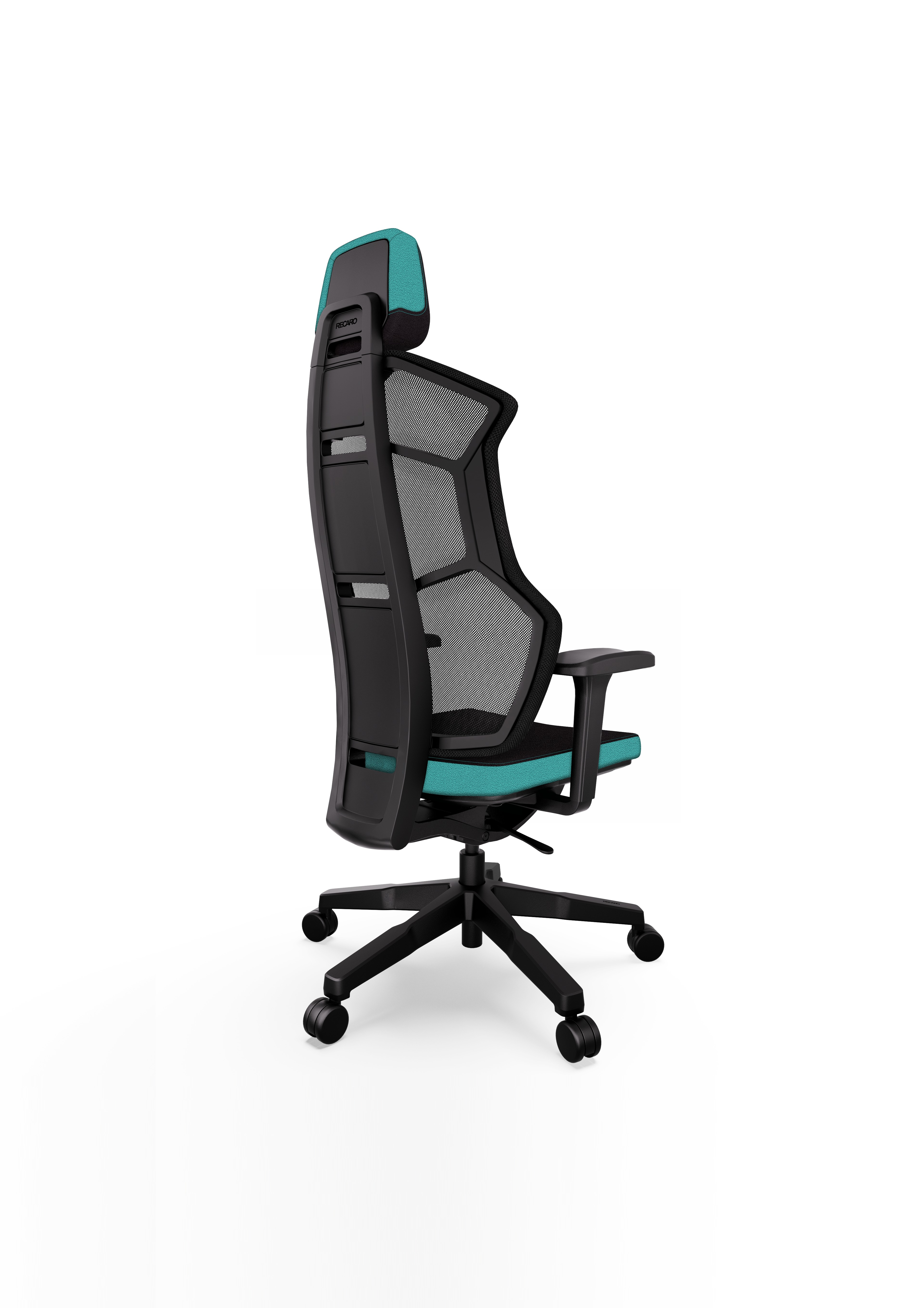 Ergonomic office chair, black with teal accents, side view, on a white background.