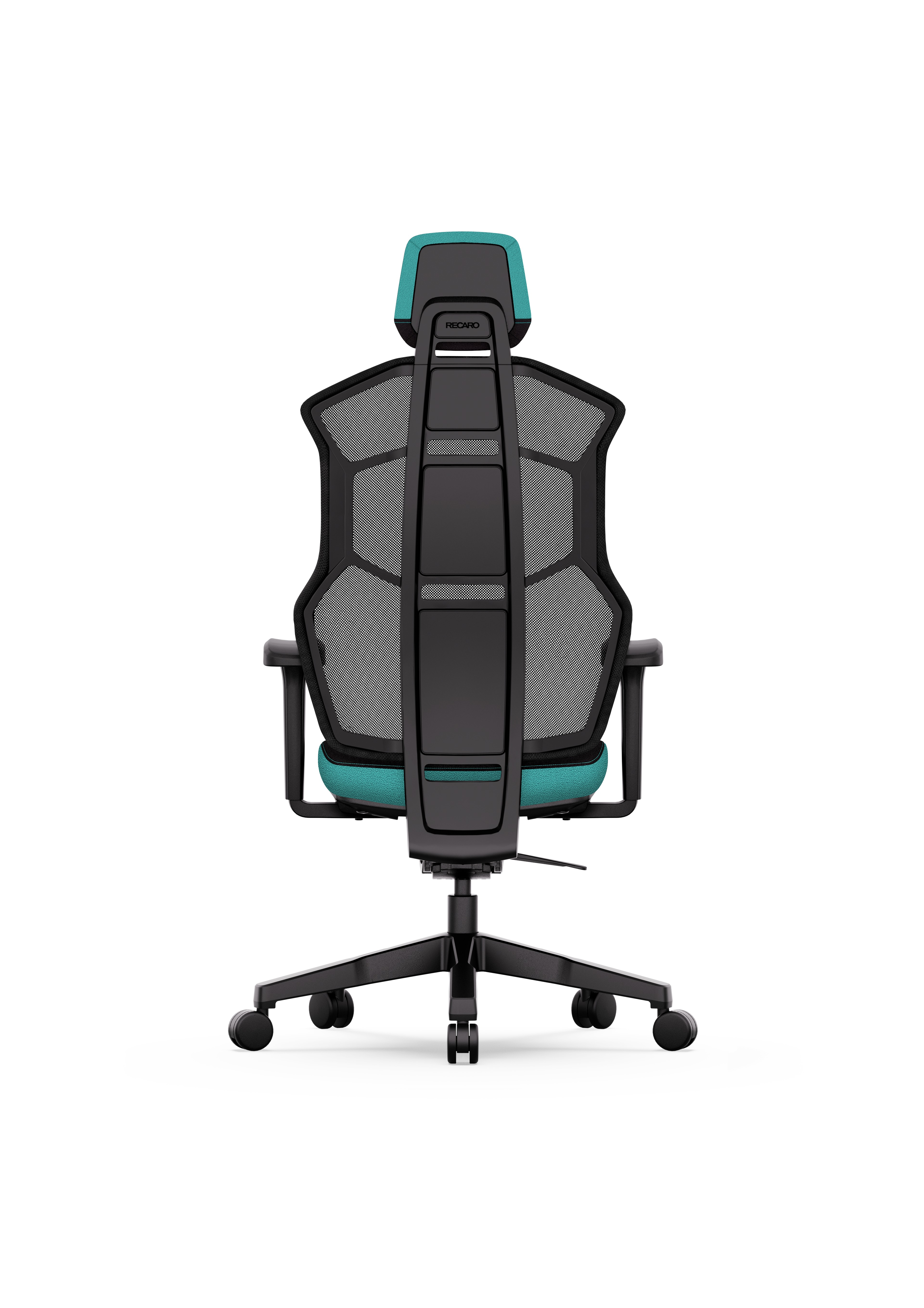 Black and teal ergonomic office chair, back view. Has a mesh back and a headrest.
