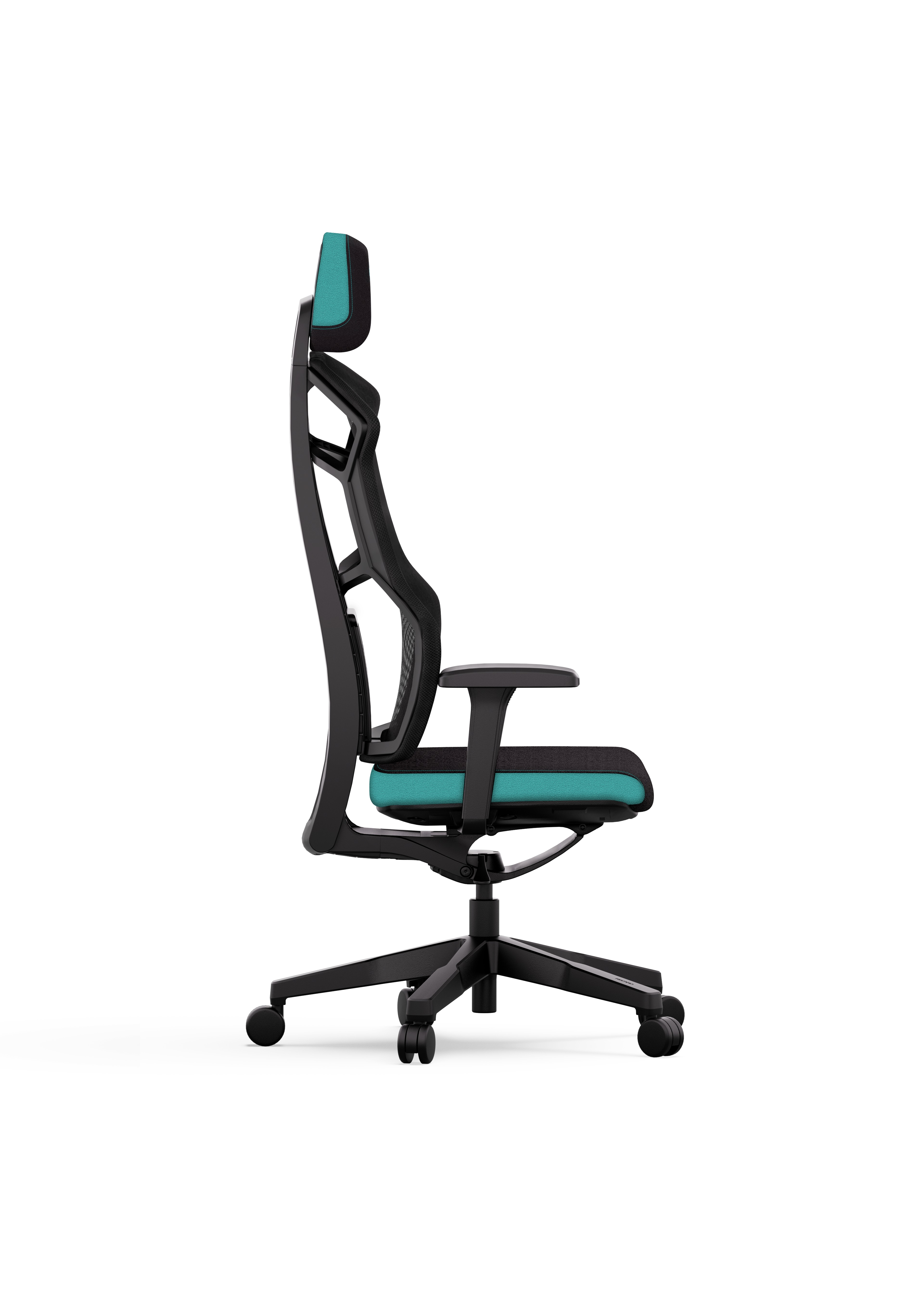 Black and teal office chair. It is seen from the side, against a white background.